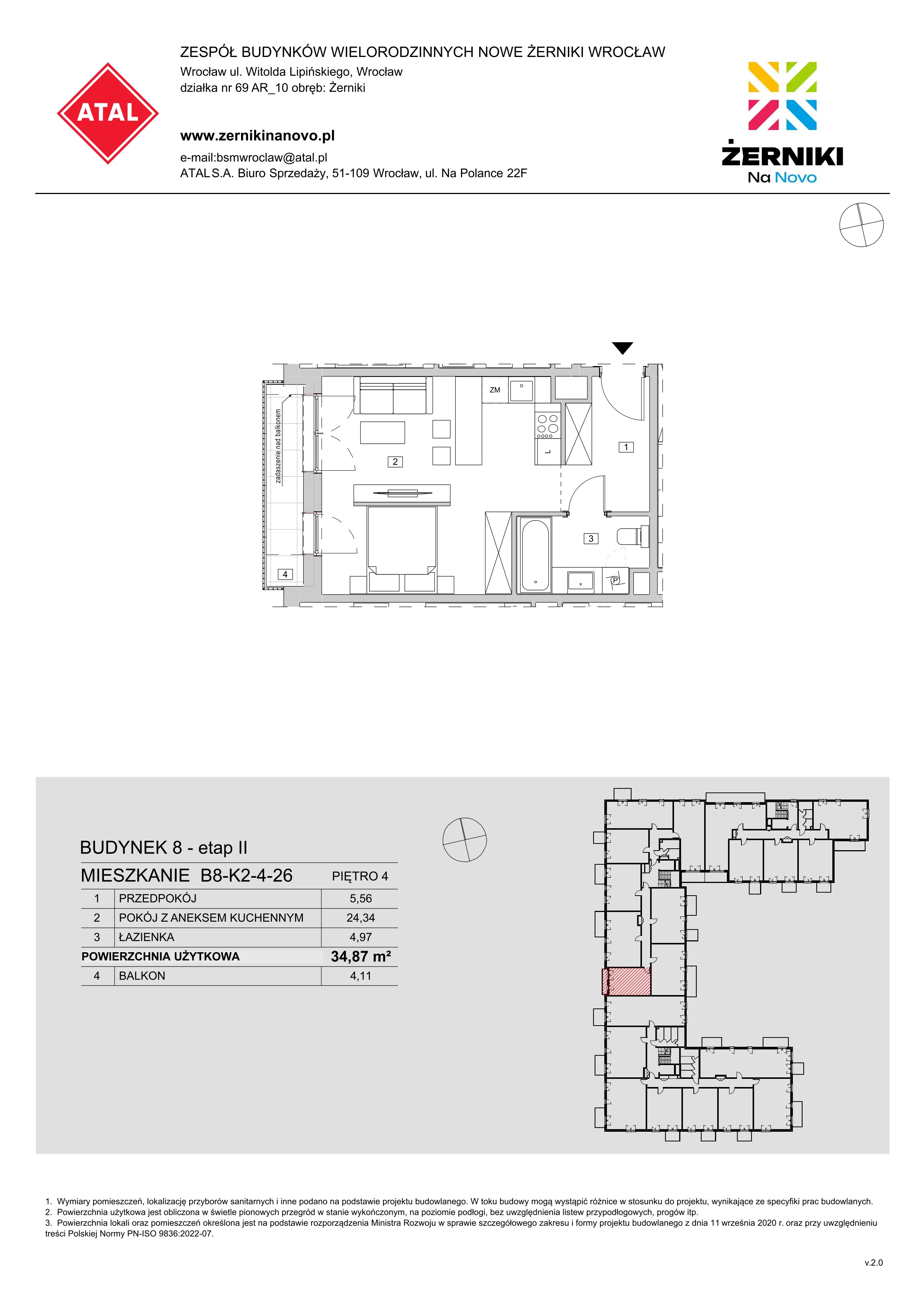 Mieszkanie 34,87 m², piętro 4, oferta nr B8-K2-4-26, Żerniki Na Novo II, Wrocław, Żerniki, ul. Maxa Berga