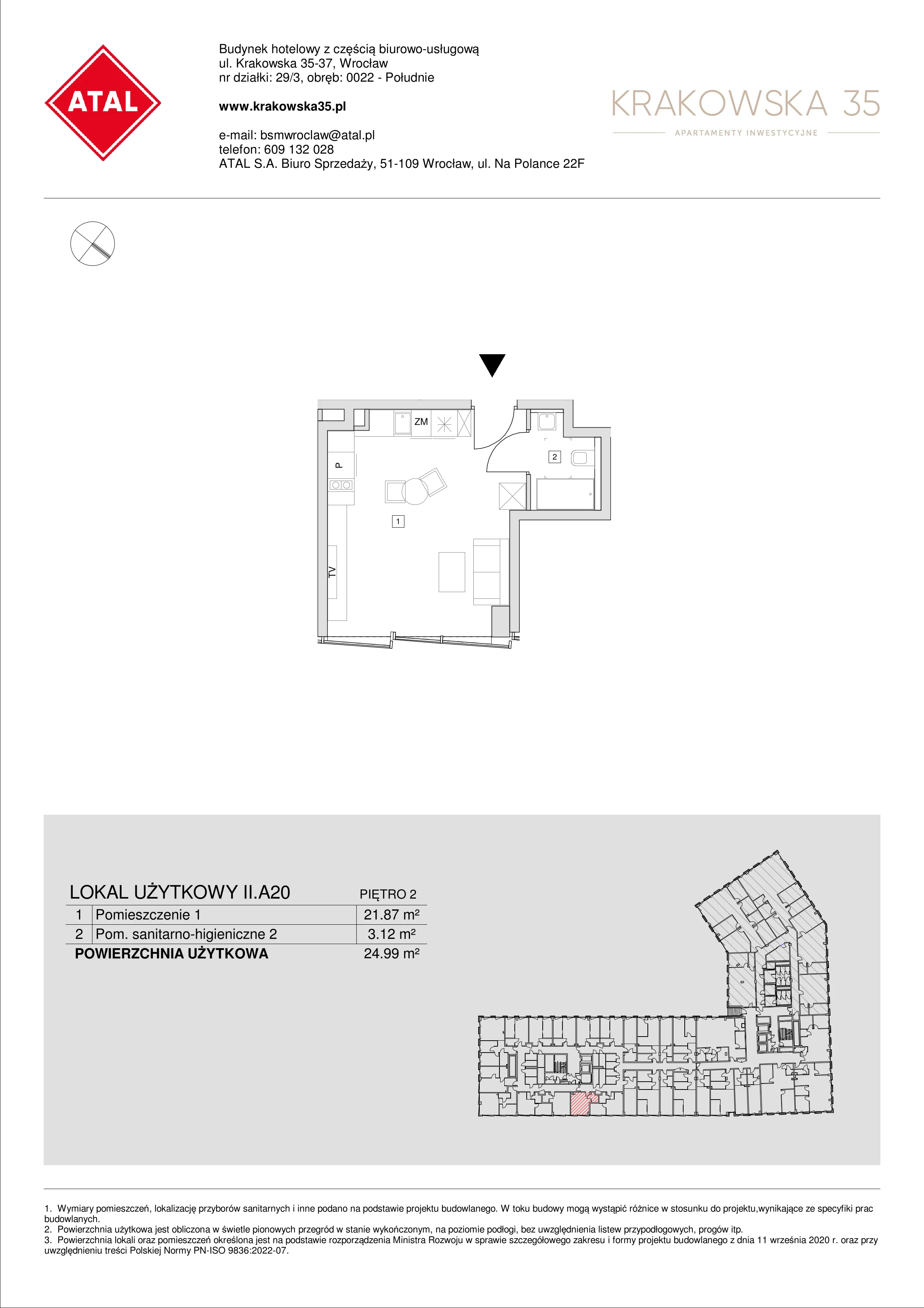 Apartament inwestycyjny 24,99 m², piętro 2, oferta nr II.A.20, Krakowska 35, Wrocław, Przedmieście Oławskie, Krzyki, ul. Krakowska