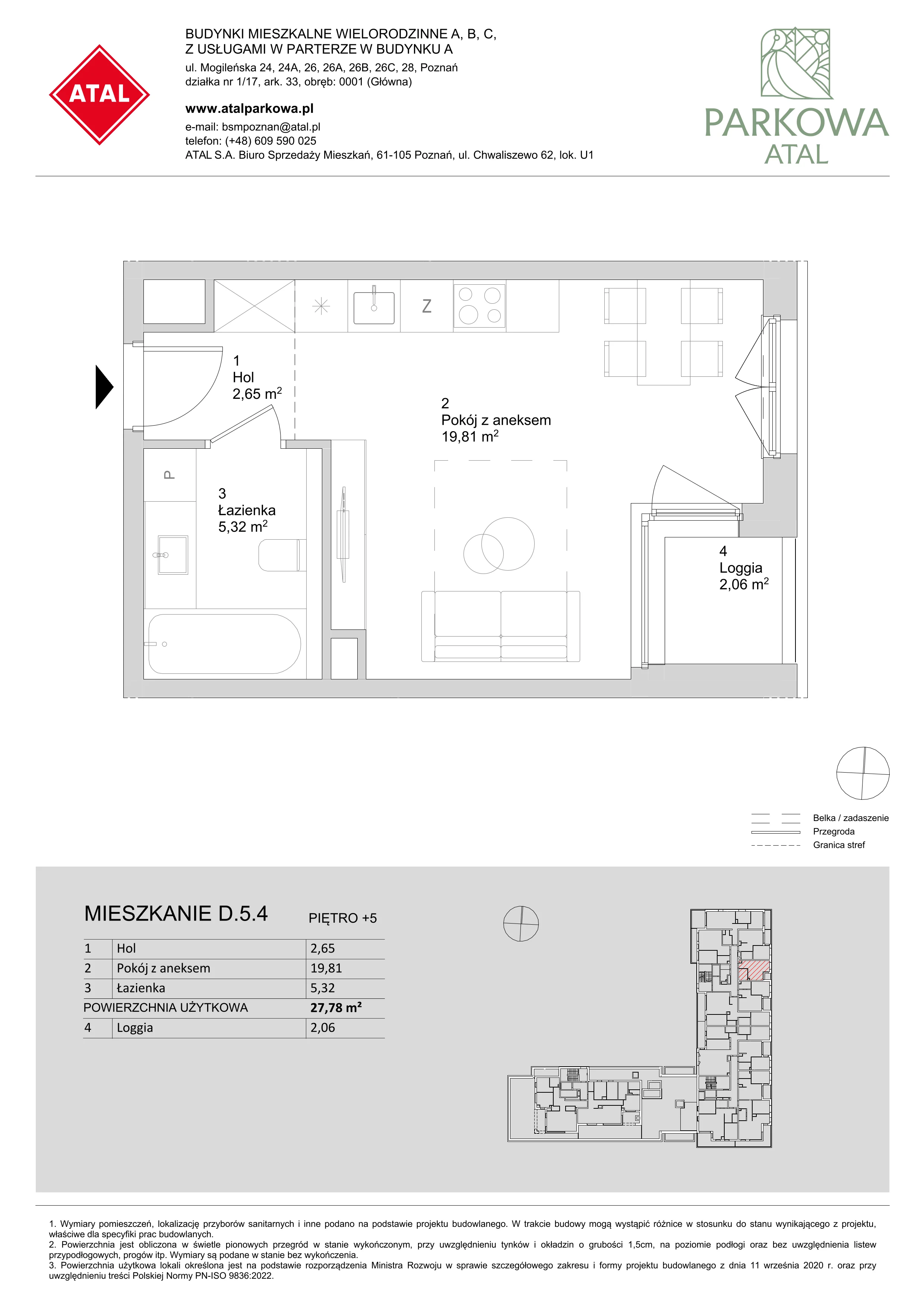 1 pokój, mieszkanie 27,78 m², piętro 5, oferta nr D.5.4, ATAL Parkowa, Poznań, Nowe Miasto, Osiedle Warszawskie, ul. Mogileńska
