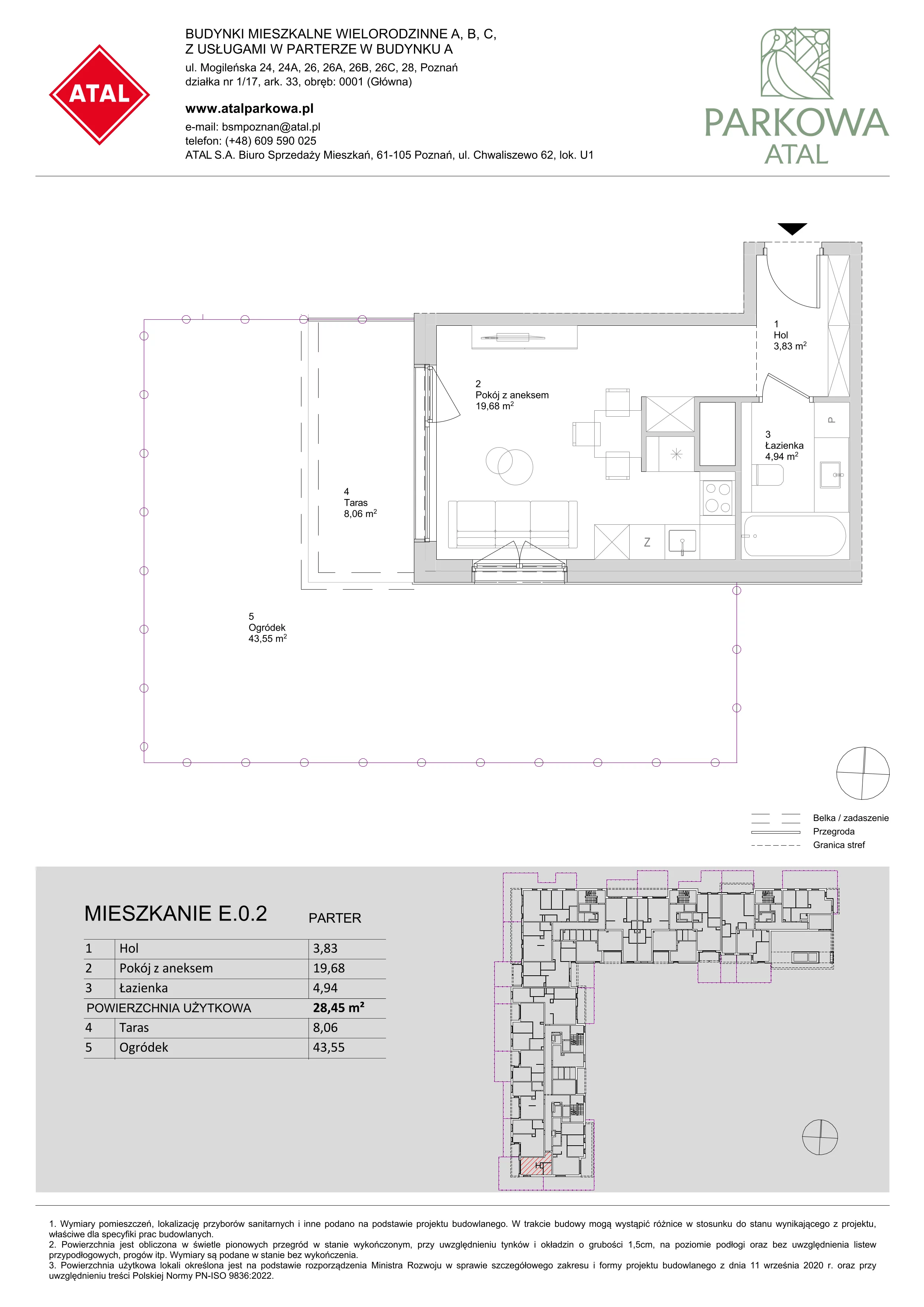 1 pokój, mieszkanie 28,45 m², parter, oferta nr E.0.2, ATAL Parkowa, Poznań, Nowe Miasto, Osiedle Warszawskie, ul. Mogileńska