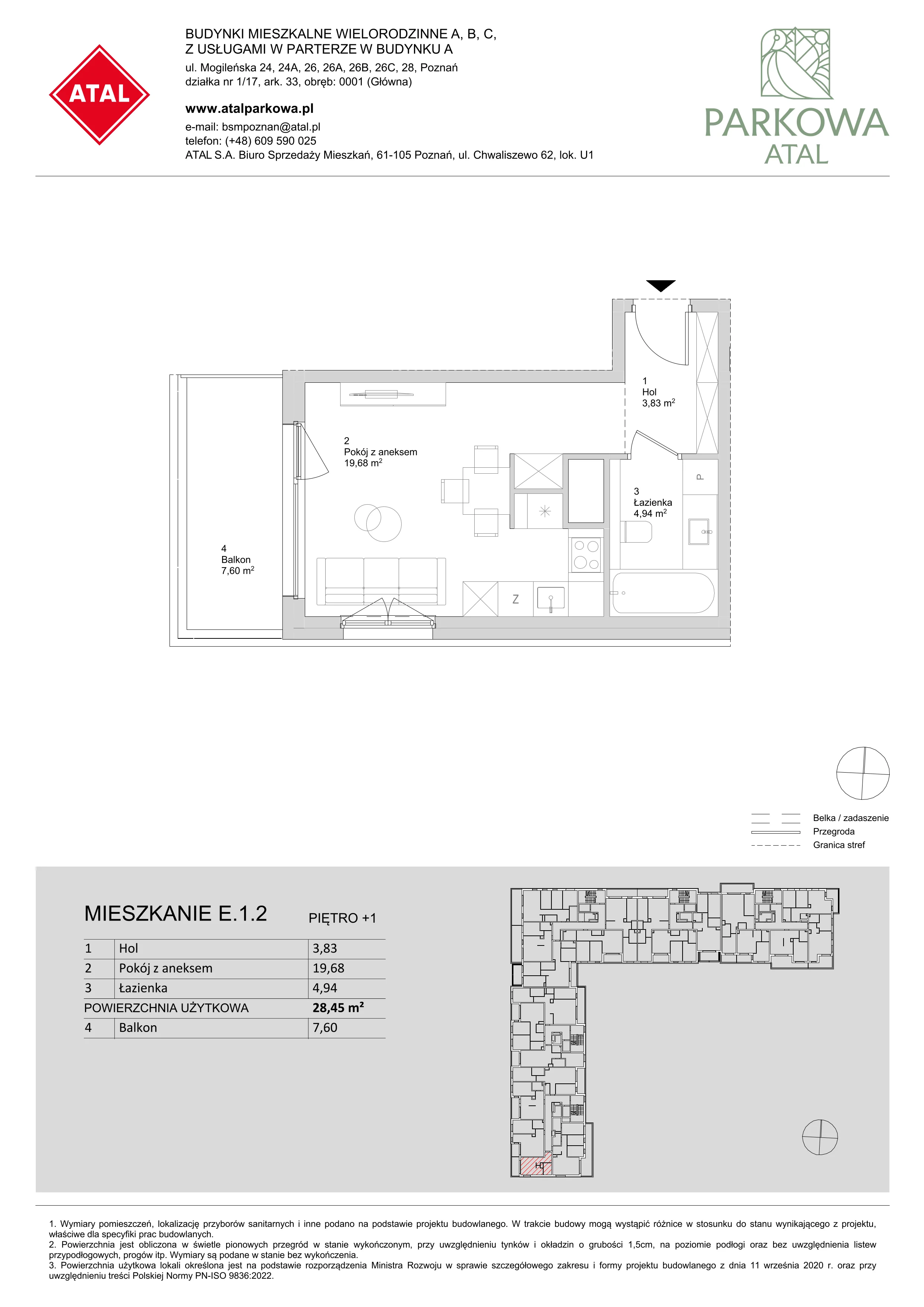 1 pokój, mieszkanie 28,45 m², piętro 1, oferta nr E.1.2, ATAL Parkowa, Poznań, Nowe Miasto, Osiedle Warszawskie, ul. Mogileńska