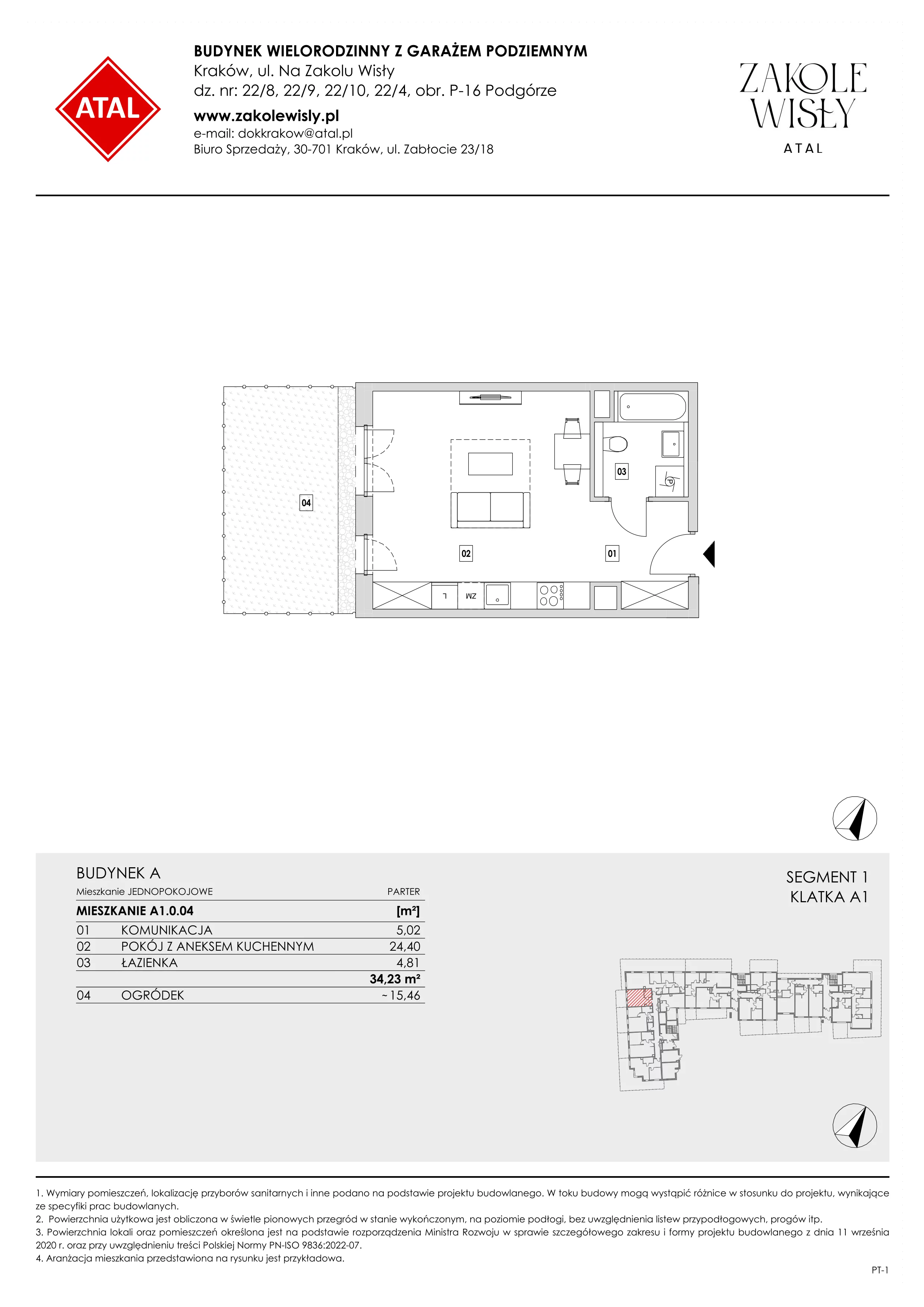 1 pokój, mieszkanie 33,64 m², piętro 1, oferta nr A3.1.61, Zakole Wisły, Kraków, Podgórze, ul. Na Zakolu Wisły