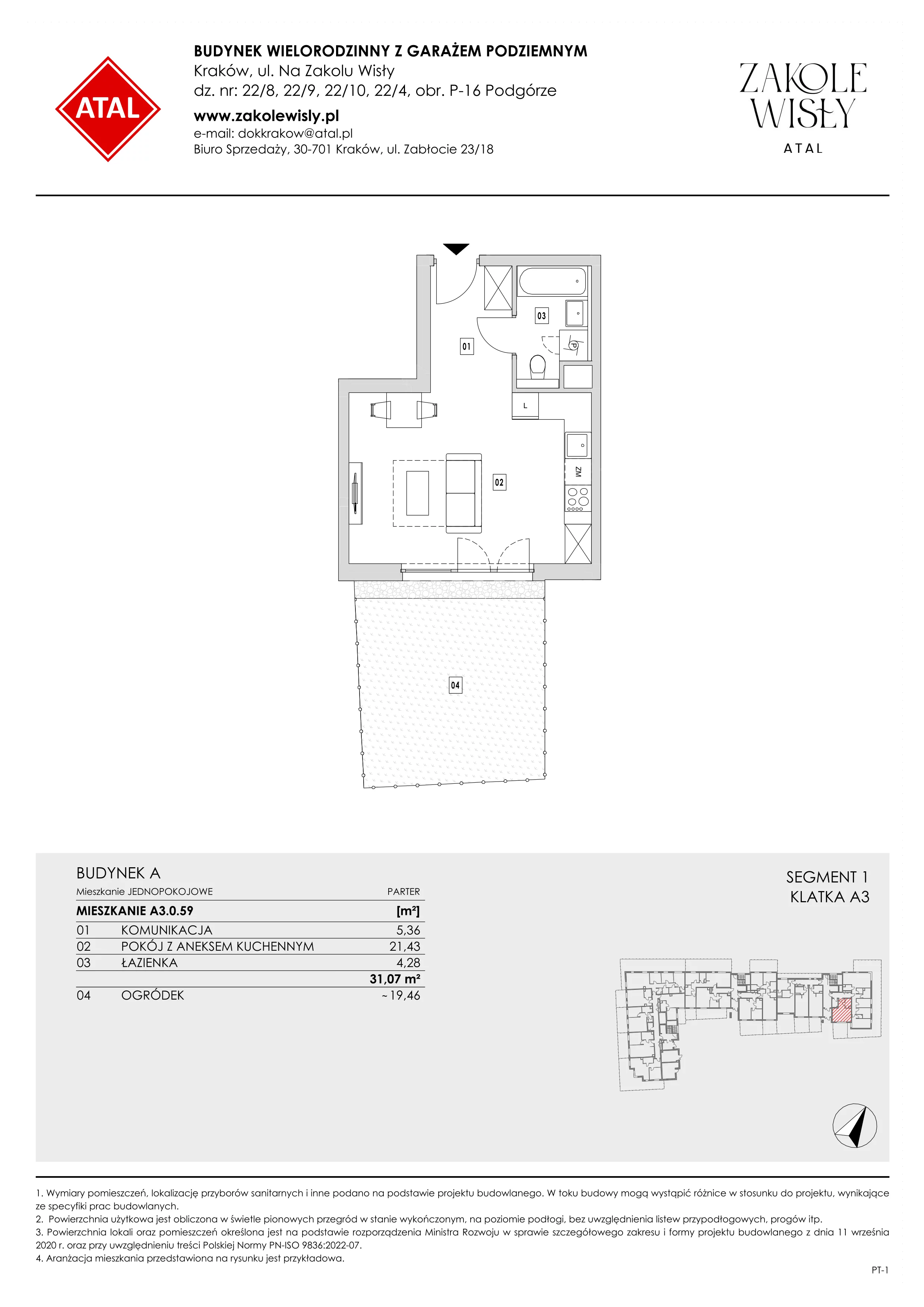 1 pokój, mieszkanie 31,07 m², parter, oferta nr A3.0.59, Zakole Wisły, Kraków, Podgórze, ul. Na Zakolu Wisły