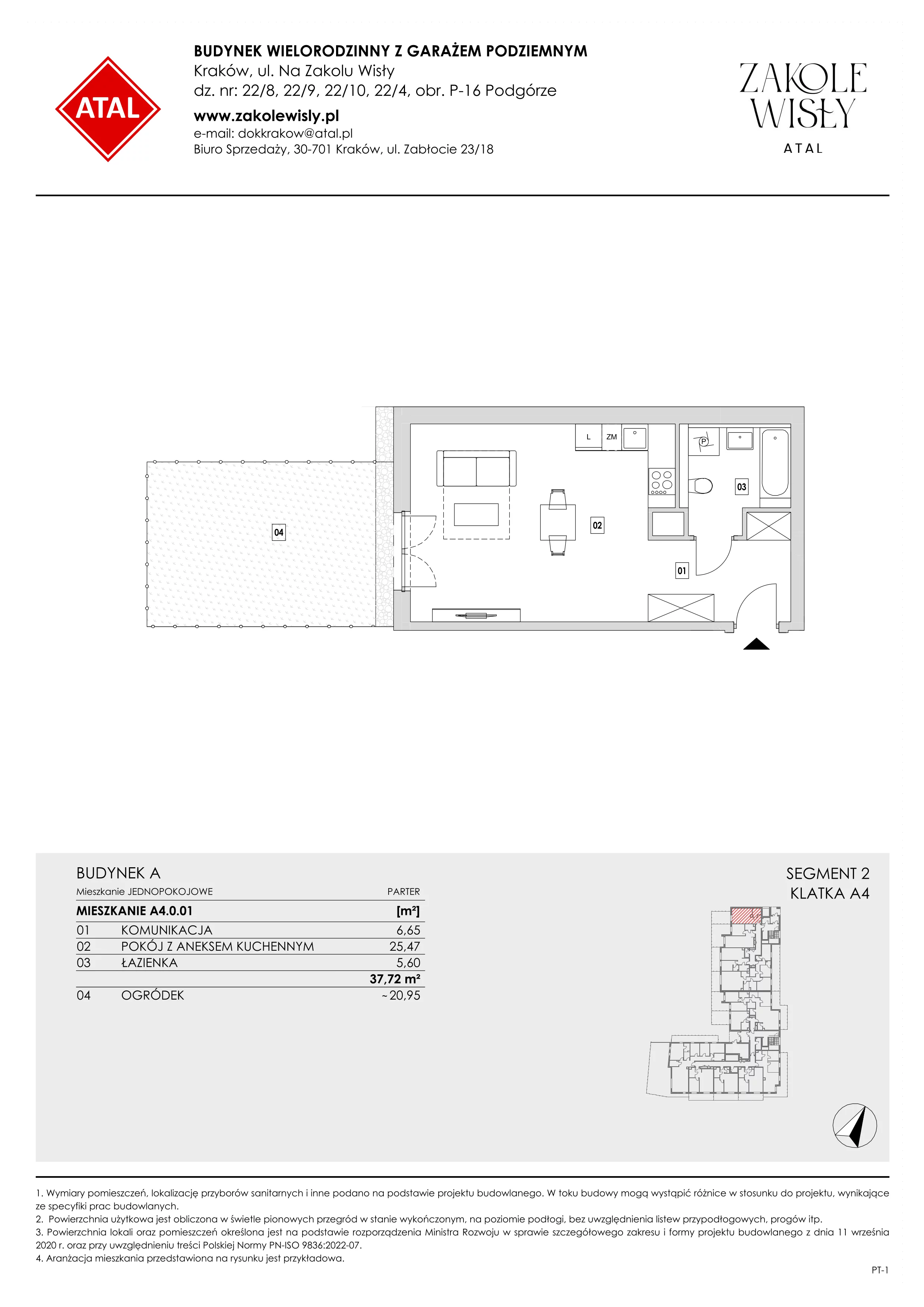 1 pokój, mieszkanie 37,72 m², parter, oferta nr A4.0.01, Zakole Wisły, Kraków, Podgórze, ul. Na Zakolu Wisły