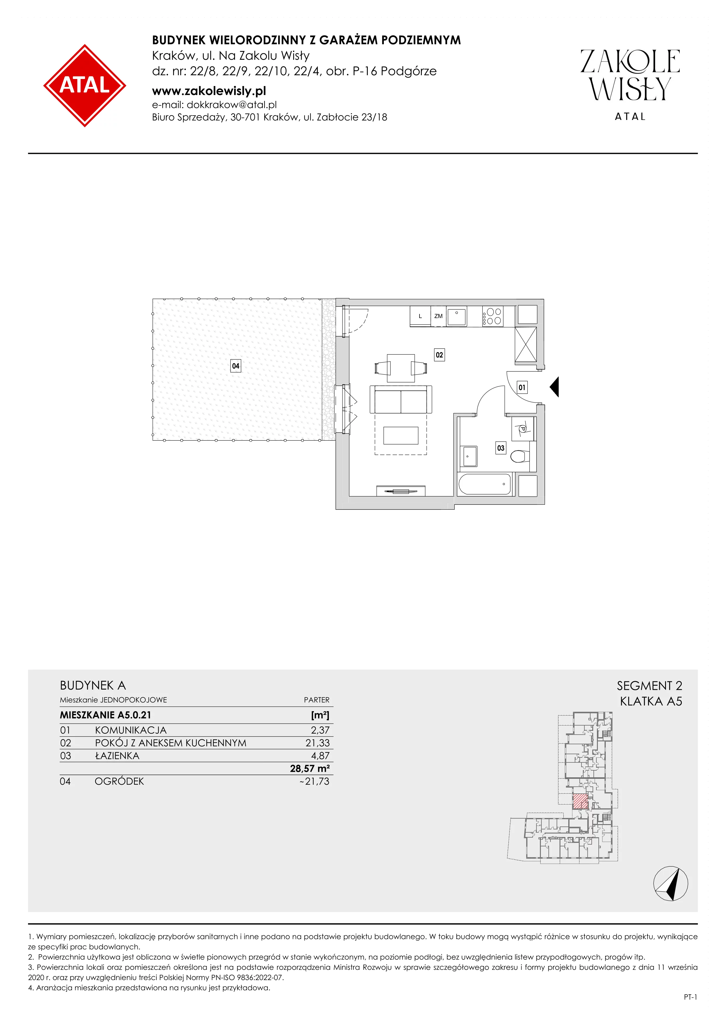 1 pokój, mieszkanie 28,57 m², parter, oferta nr A5.0.21, Zakole Wisły, Kraków, Podgórze, ul. Na Zakolu Wisły
