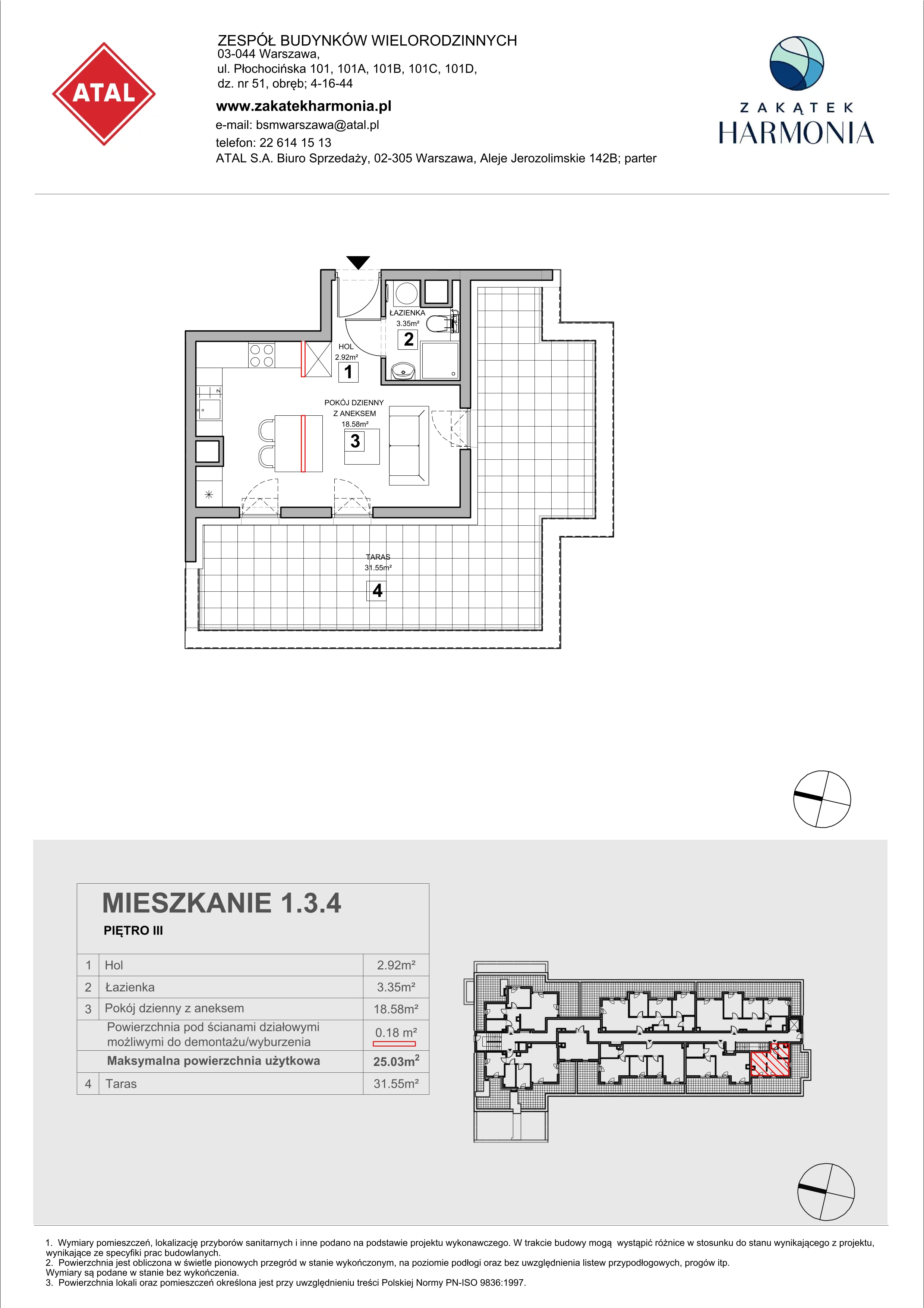 1 pokój, mieszkanie 25,03 m², piętro 3, oferta nr 1.3.4, Zakątek Harmonia III, Warszawa, Białołęka, Szamocin, ul. Płochocińska