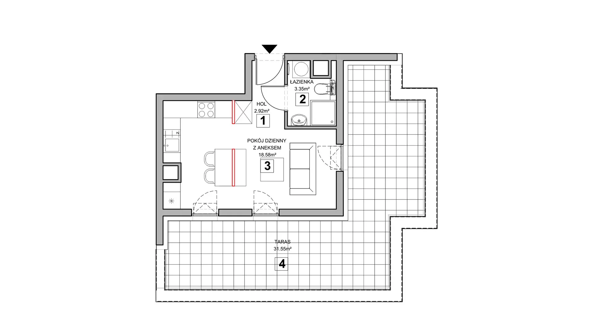 1 pokój, mieszkanie 25,03 m², piętro 3, oferta nr 1.3.4, Zakątek Harmonia III, Warszawa, Białołęka, Szamocin, ul. Płochocińska