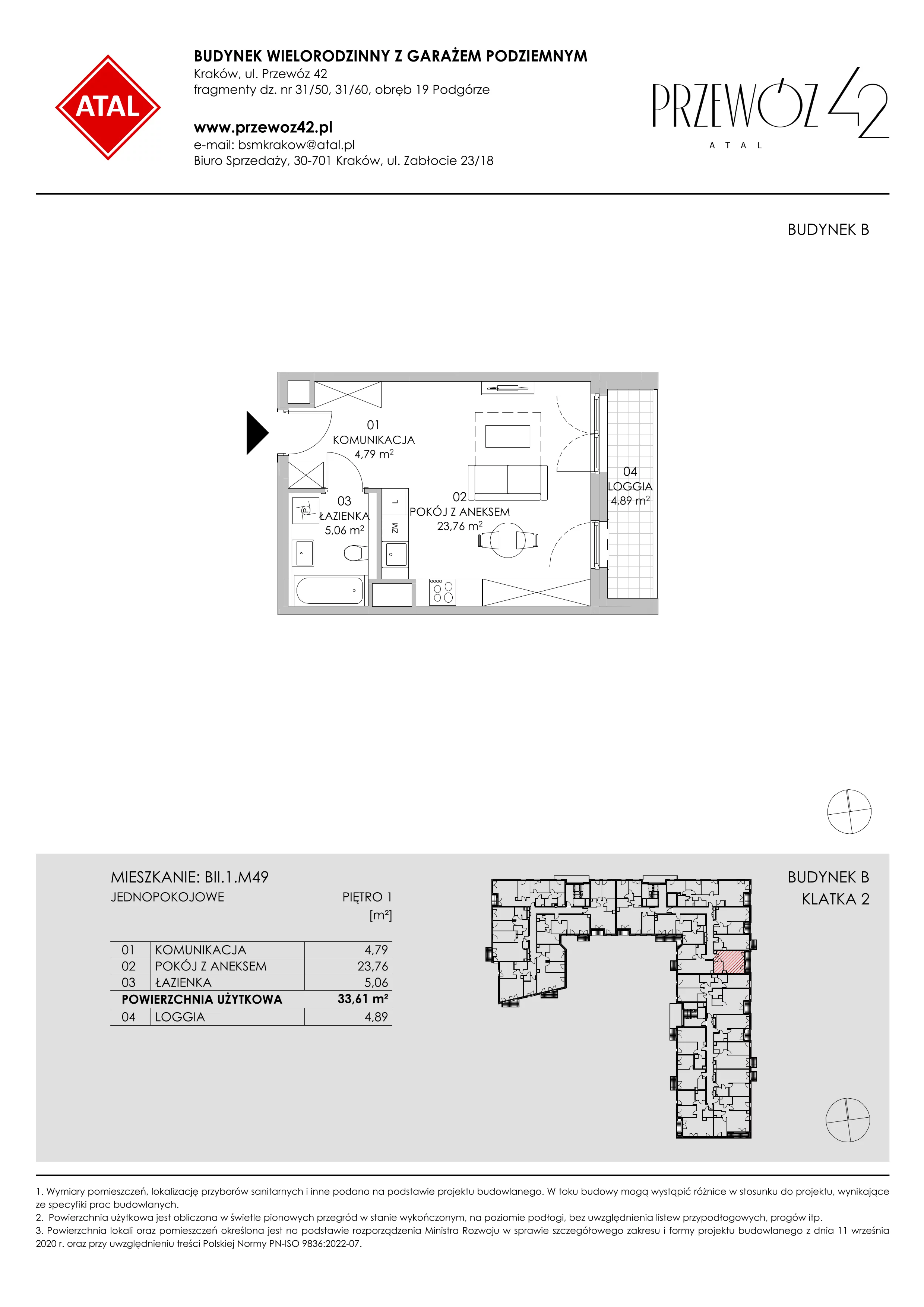 Mieszkanie 33,61 m², piętro 1, oferta nr BII.1.M49, Przewóz 42 ATAL II, Kraków, Podgórze, Płaszów, ul. Przewóz 42