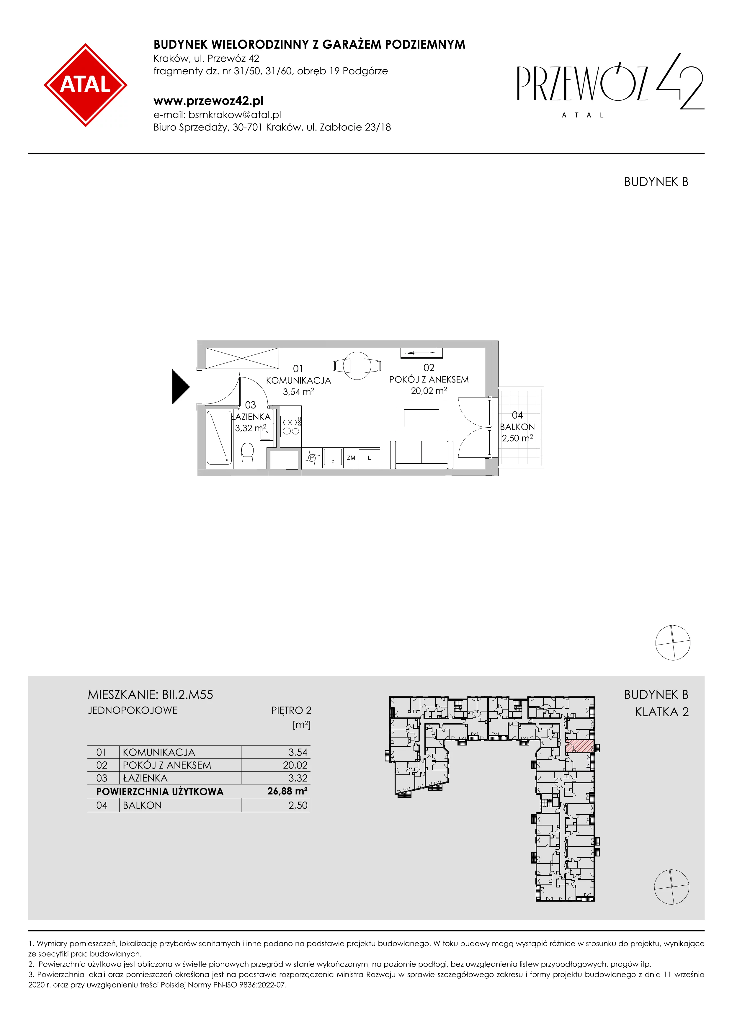 Mieszkanie 26,88 m², piętro 2, oferta nr BII.2.M55, Przewóz 42 ATAL II, Kraków, Podgórze, Płaszów, ul. Przewóz 42