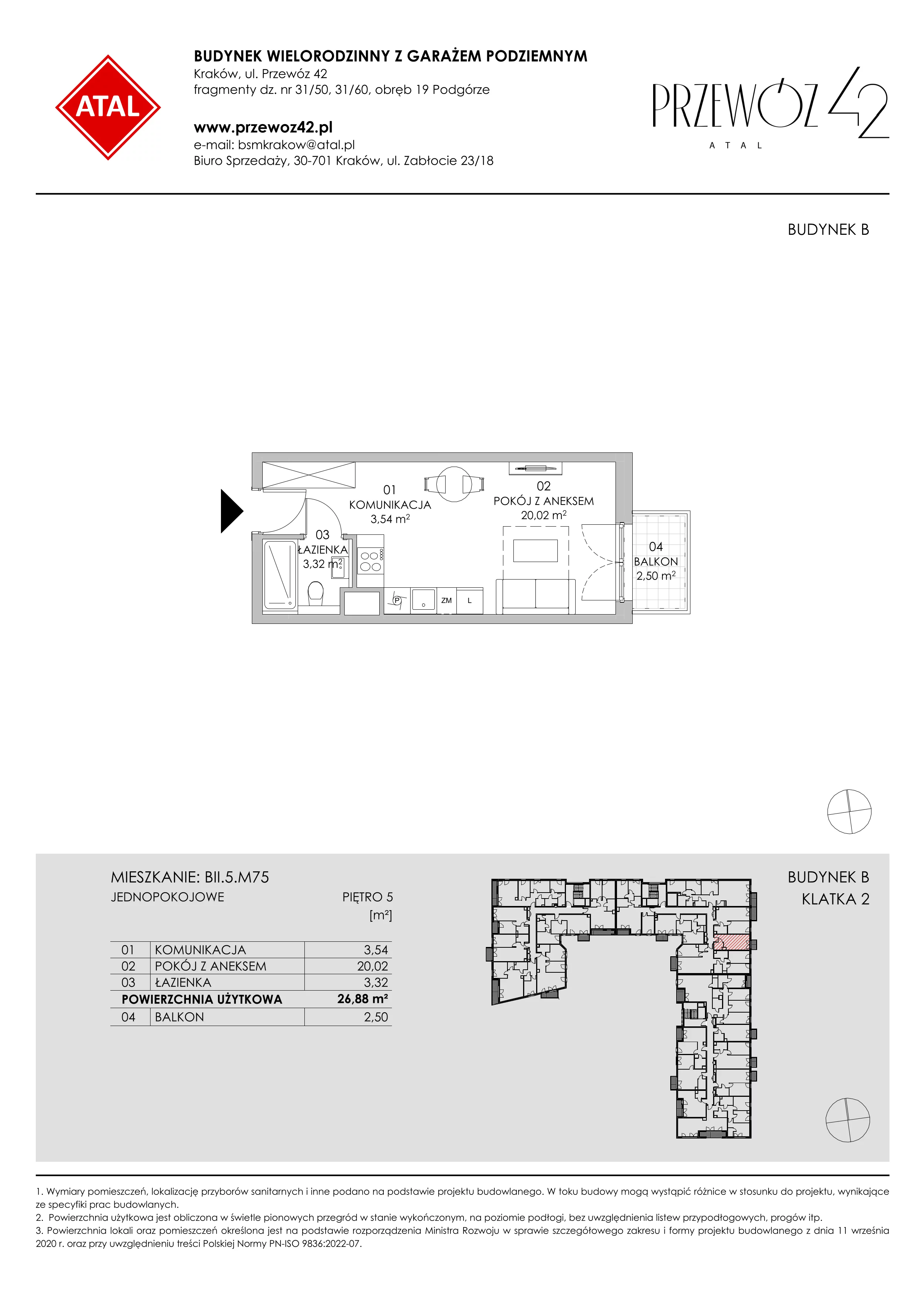 Mieszkanie 26,88 m², piętro 5, oferta nr BII.5.M75, Przewóz 42 ATAL II, Kraków, Podgórze, Płaszów, ul. Przewóz 42