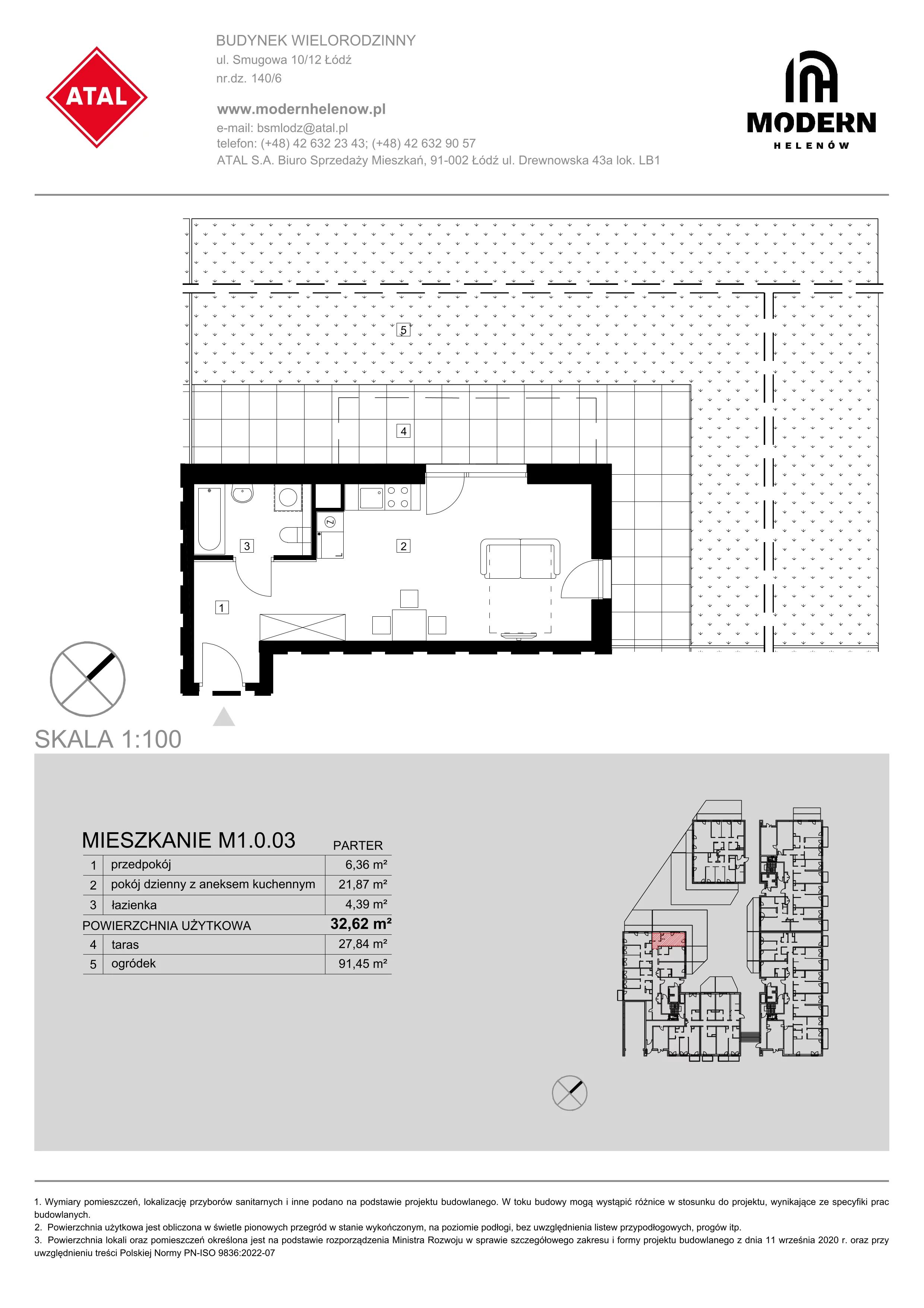 Mieszkanie 32,62 m², parter, oferta nr M1.0.03, Modern Helenów, Łódź, Bałuty, Helenów, ul. Smugowa 10/12