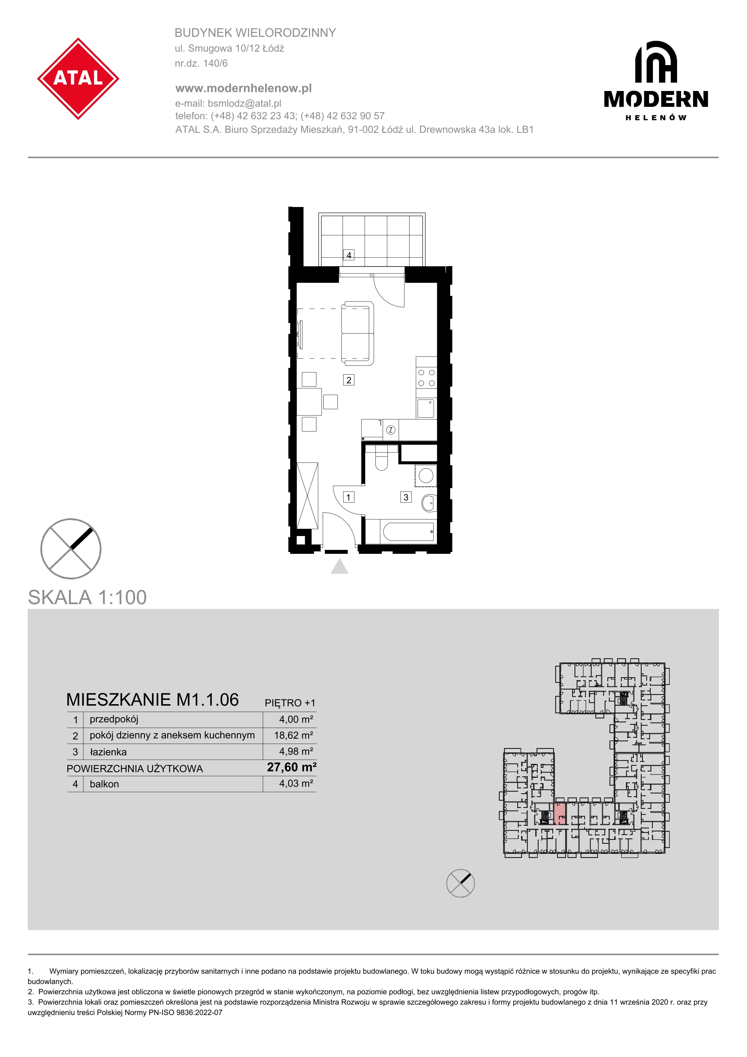 Mieszkanie 27,60 m², piętro 1, oferta nr M1.1.06, Modern Helenów, Łódź, Bałuty, ul. Smugowa 10/12