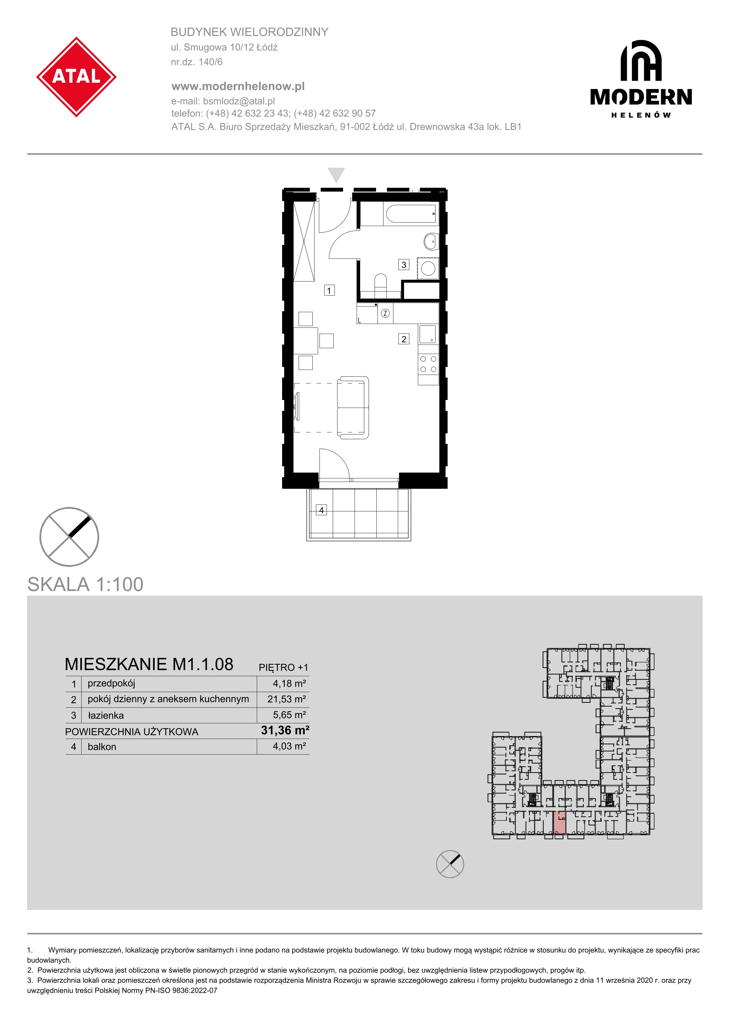 Mieszkanie 31,36 m², piętro 1, oferta nr M1.1.08, Modern Helenów, Łódź, Bałuty, Helenów, ul. Smugowa 10/12