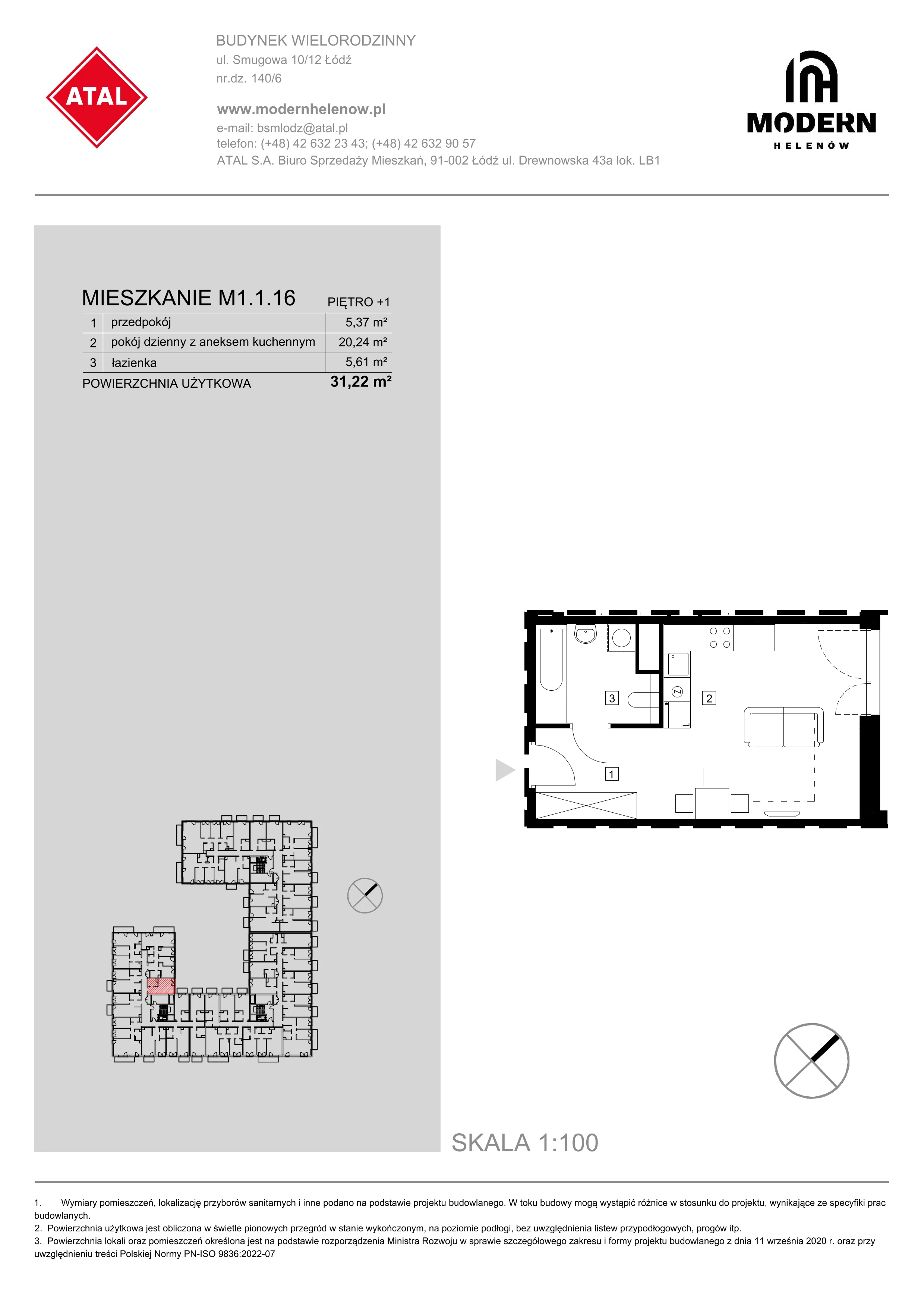 Mieszkanie 31,22 m², piętro 1, oferta nr M1.1.16, Modern Helenów, Łódź, Bałuty, Helenów, ul. Smugowa 10/12