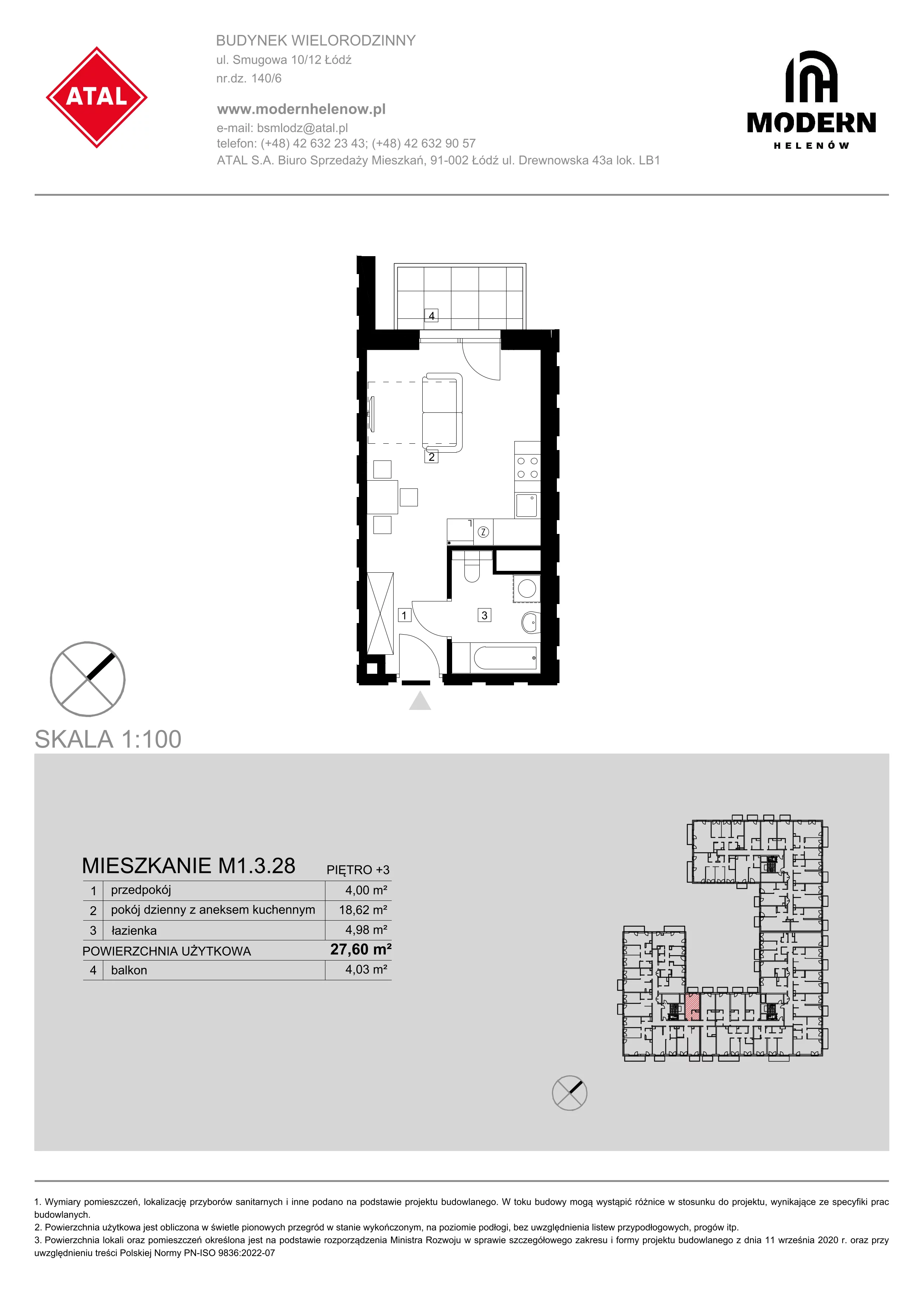 Mieszkanie 27,60 m², piętro 3, oferta nr M1.3.28, Modern Helenów, Łódź, Bałuty, ul. Smugowa 10/12