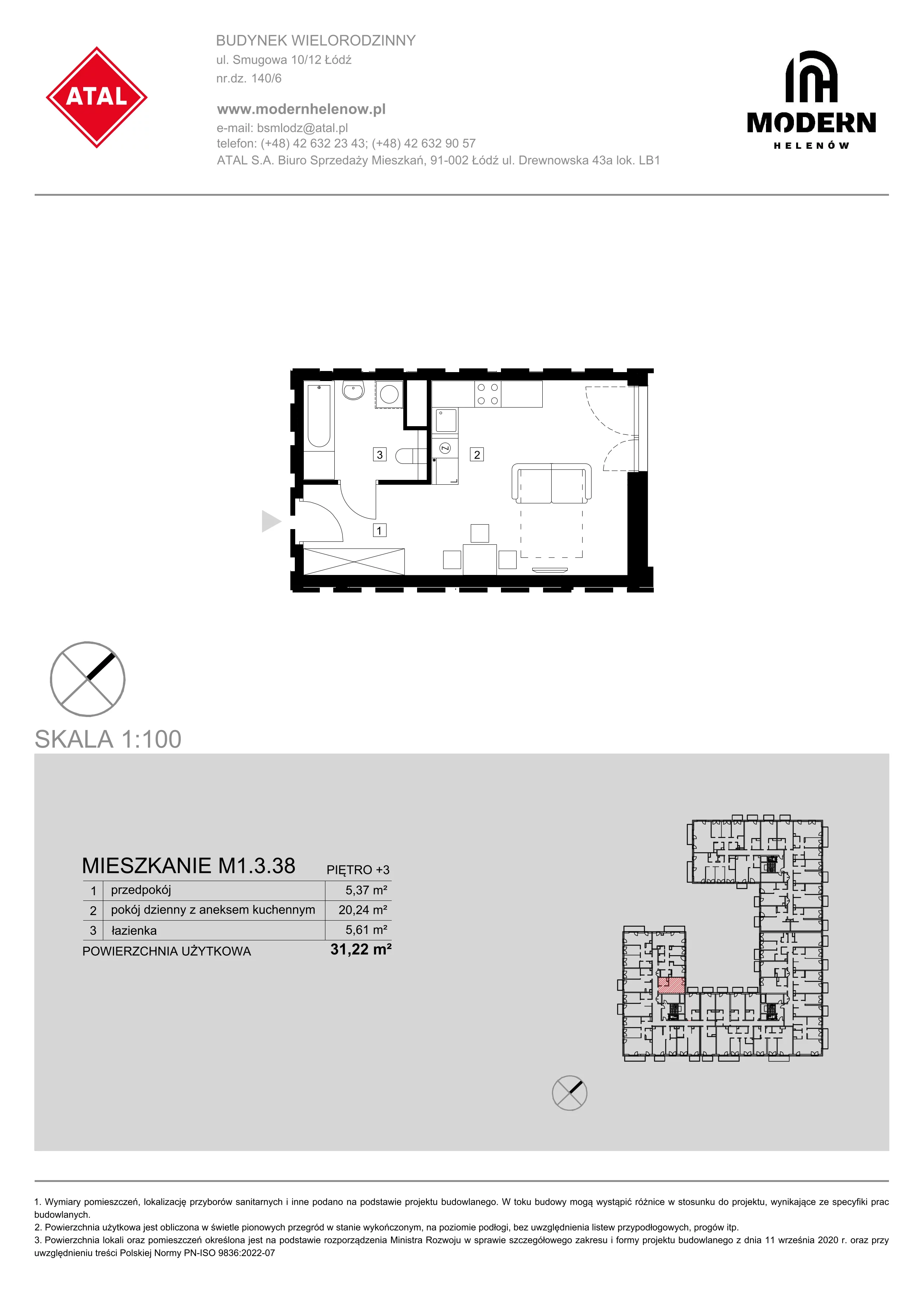 Mieszkanie 31,22 m², piętro 3, oferta nr M1.3.38, Modern Helenów, Łódź, Bałuty, Helenów, ul. Smugowa 10/12-idx