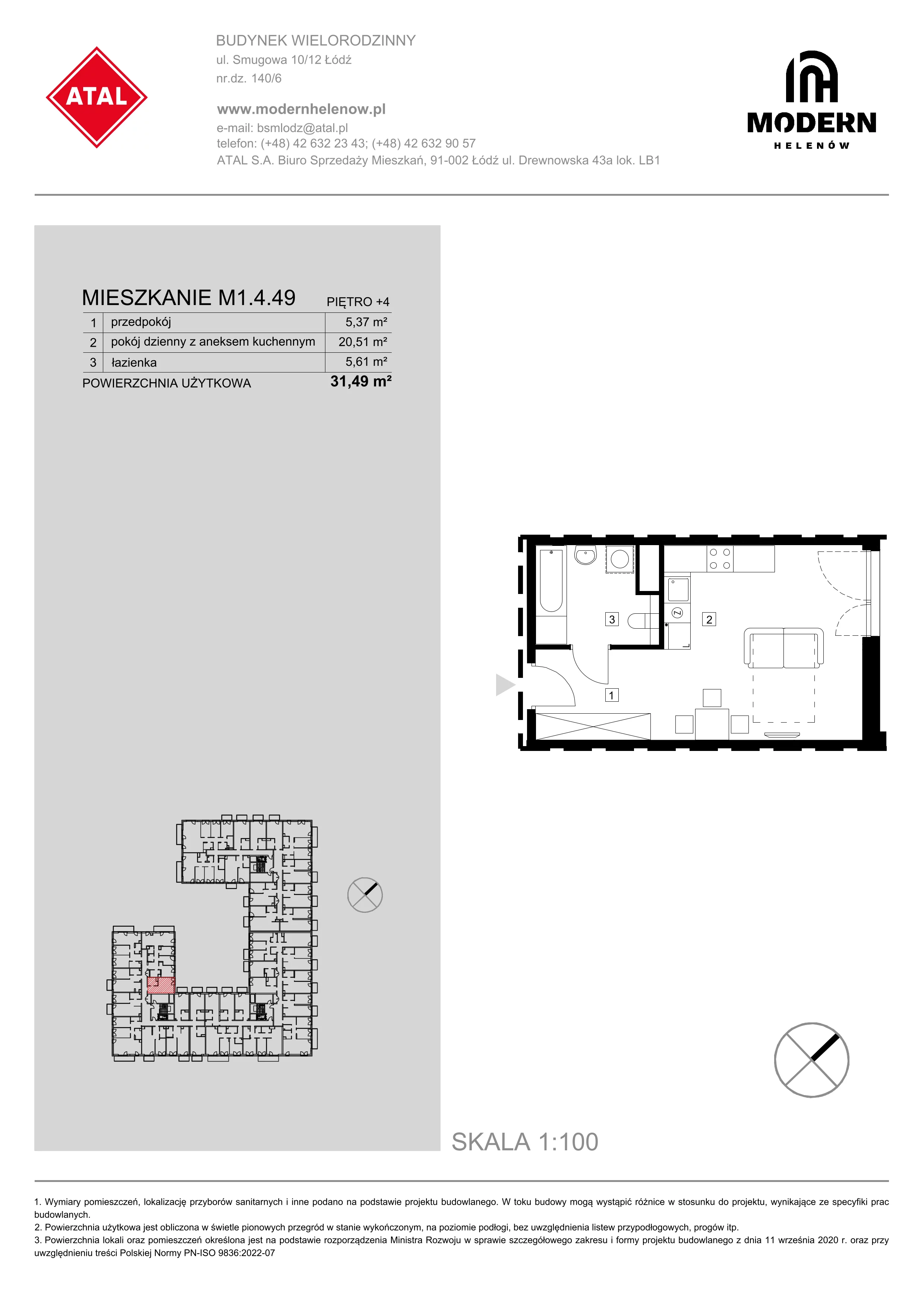 Mieszkanie 31,49 m², piętro 4, oferta nr M1.4.49, Modern Helenów, Łódź, Bałuty, Helenów, ul. Smugowa 10/12