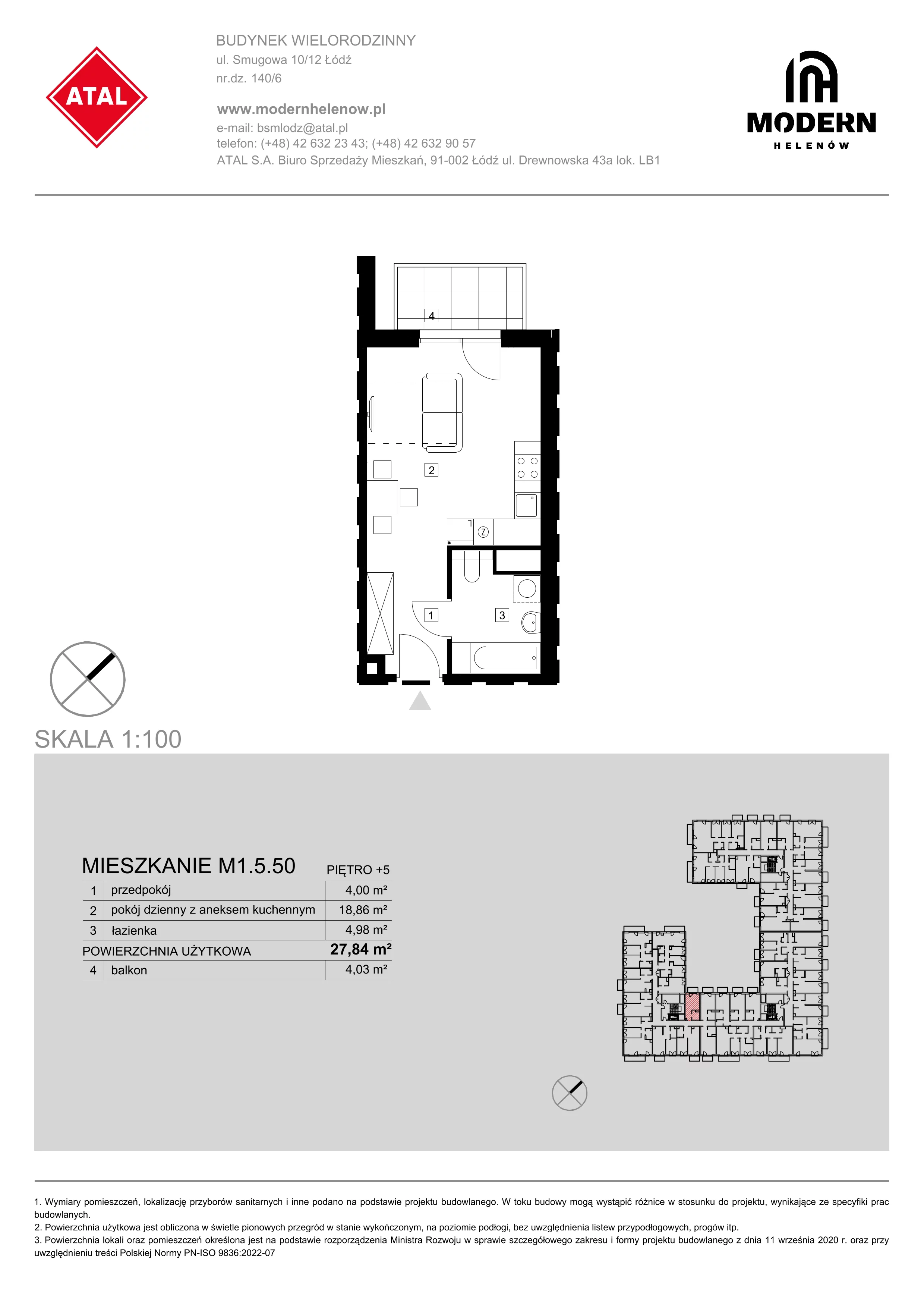 Mieszkanie 27,84 m², piętro 5, oferta nr M1.5.50, Modern Helenów, Łódź, Bałuty, ul. Smugowa 10/12