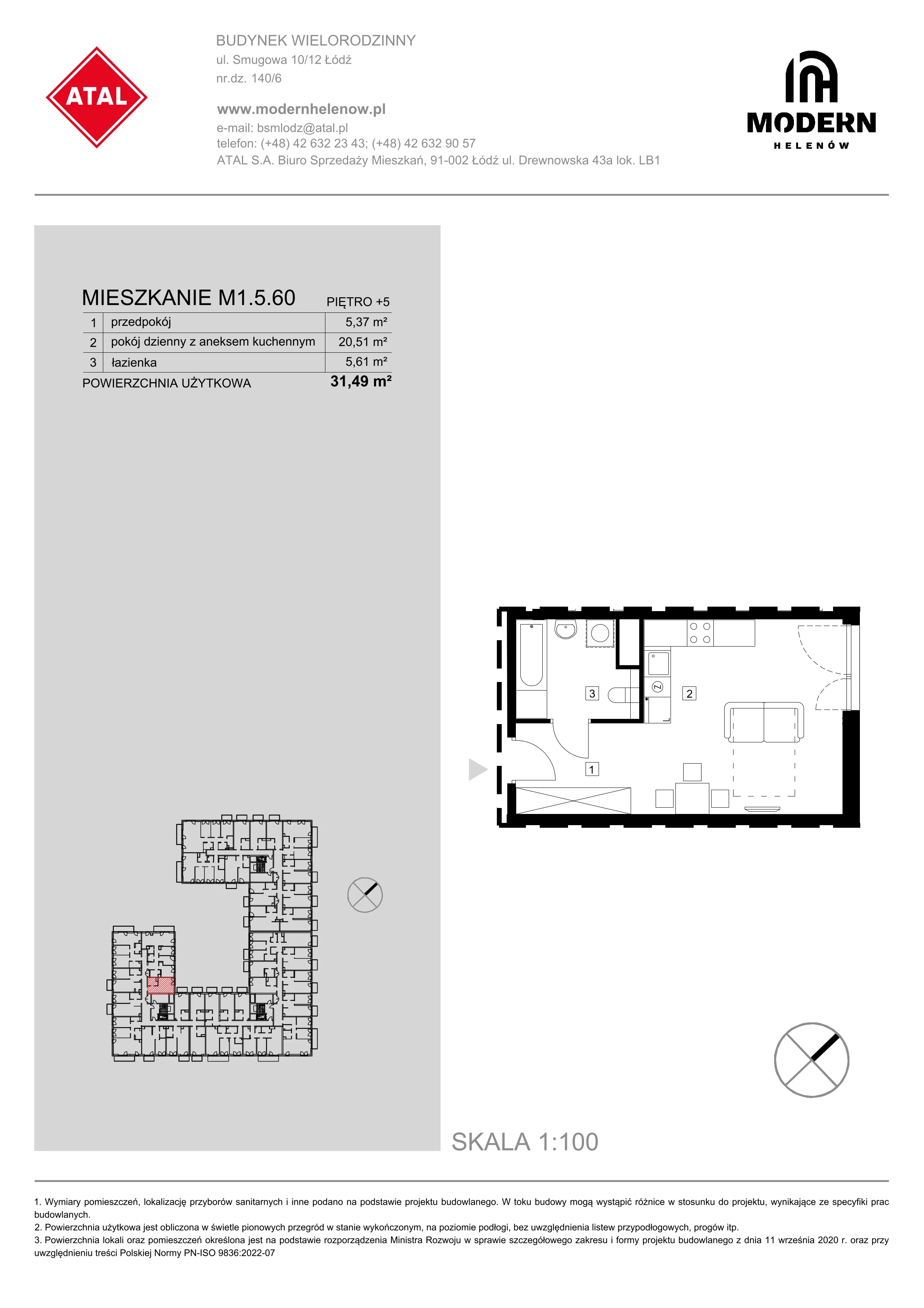 Mieszkanie 31,49 m², piętro 5, oferta nr M1.5.60, Modern Helenów, Łódź, Bałuty, Helenów, ul. Smugowa 10/12