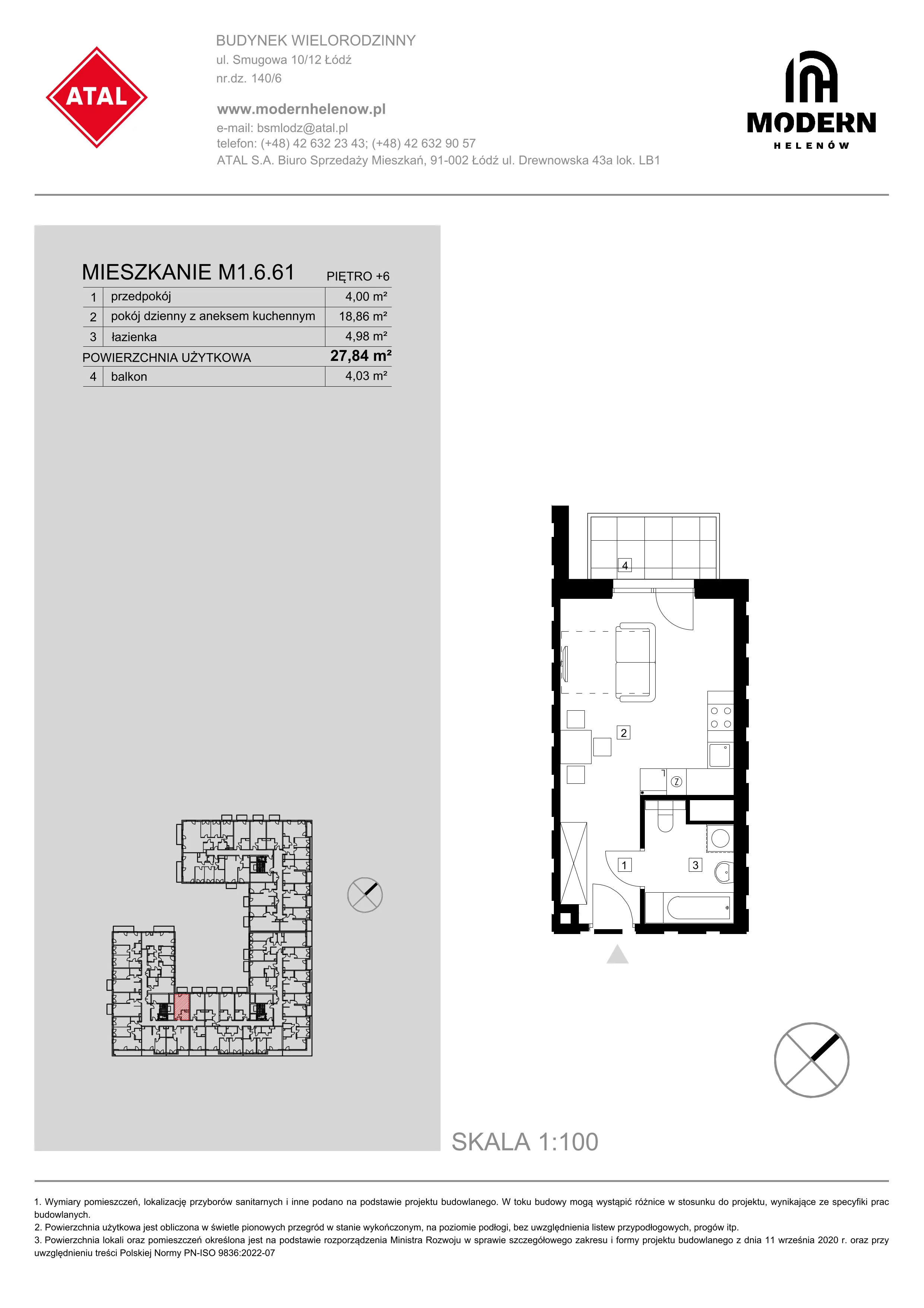 Mieszkanie 27,84 m², piętro 6, oferta nr M1.6.61, Modern Helenów, Łódź, Bałuty, ul. Smugowa 10/12