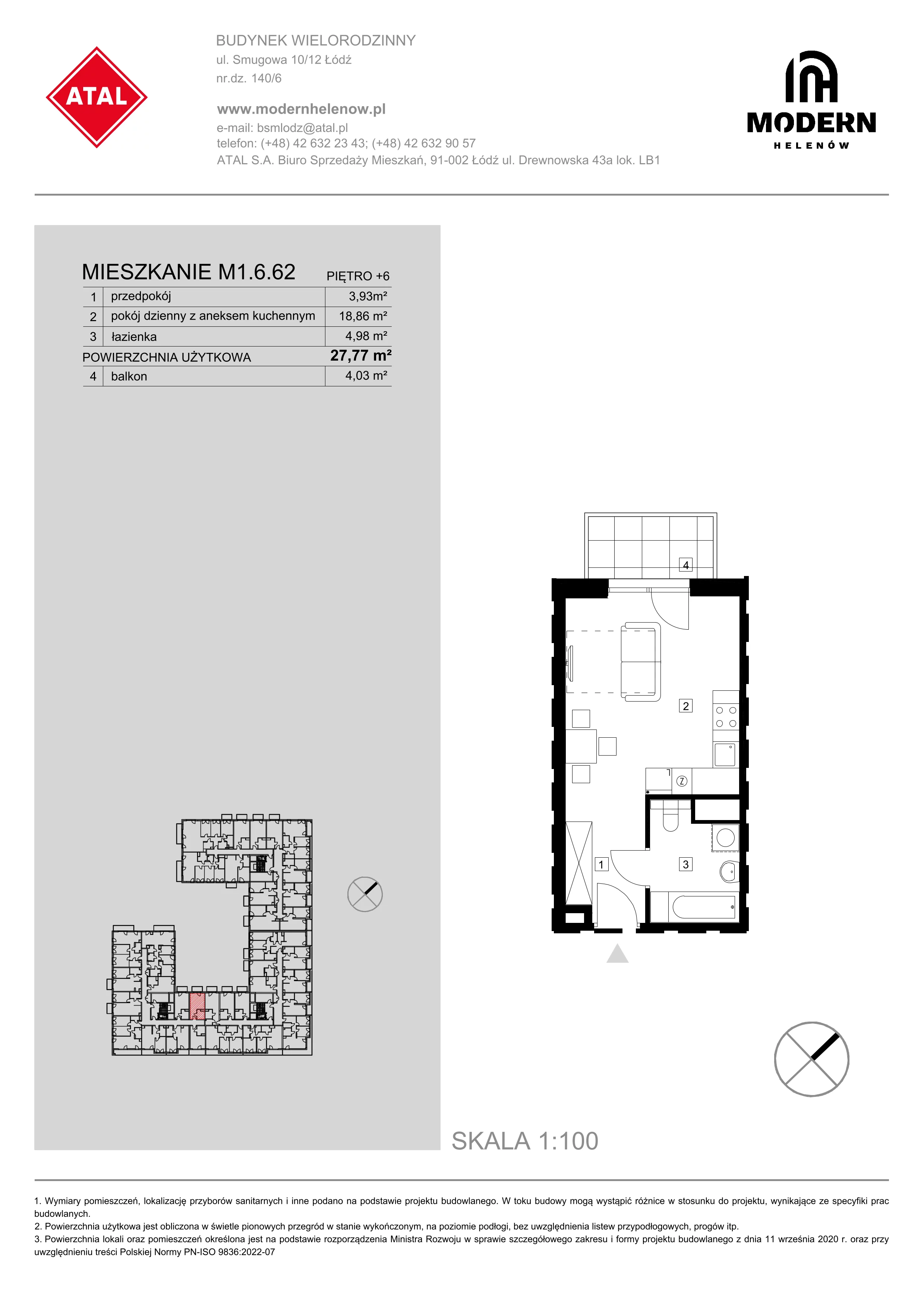 Mieszkanie 27,77 m², piętro 6, oferta nr M1.6.62, Modern Helenów, Łódź, Bałuty, ul. Smugowa 10/12