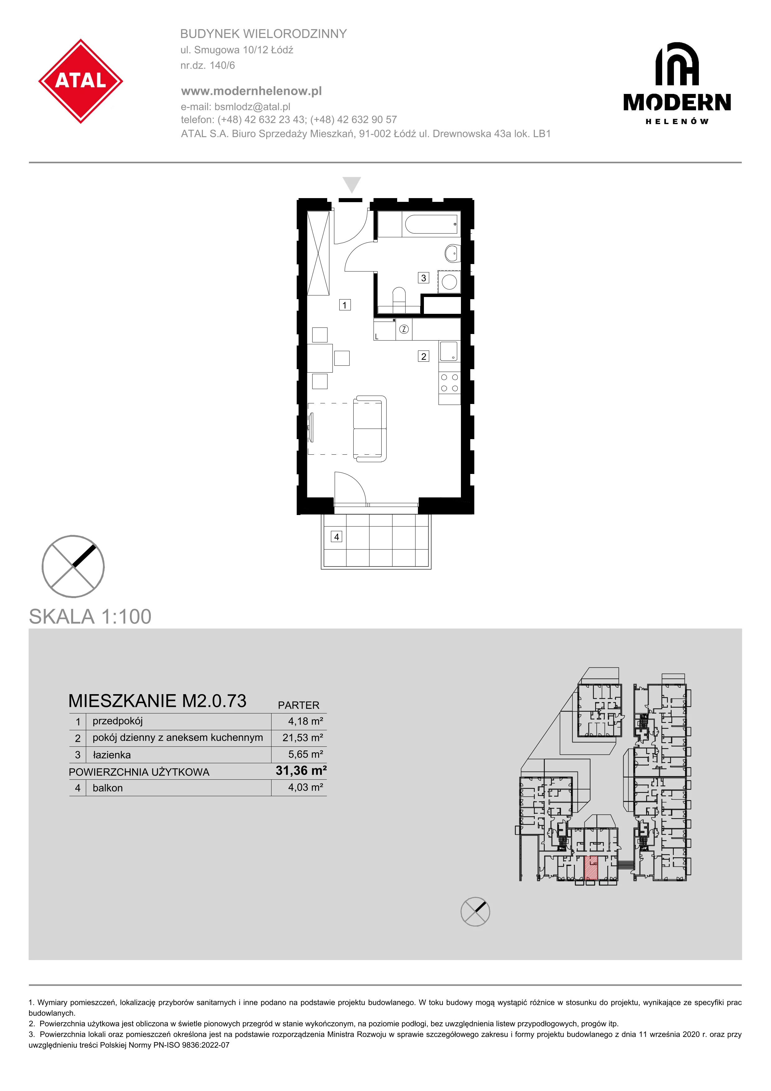 Mieszkanie 31,36 m², parter, oferta nr M2.0.73, Modern Helenów, Łódź, Bałuty, Helenów, ul. Smugowa 10/12