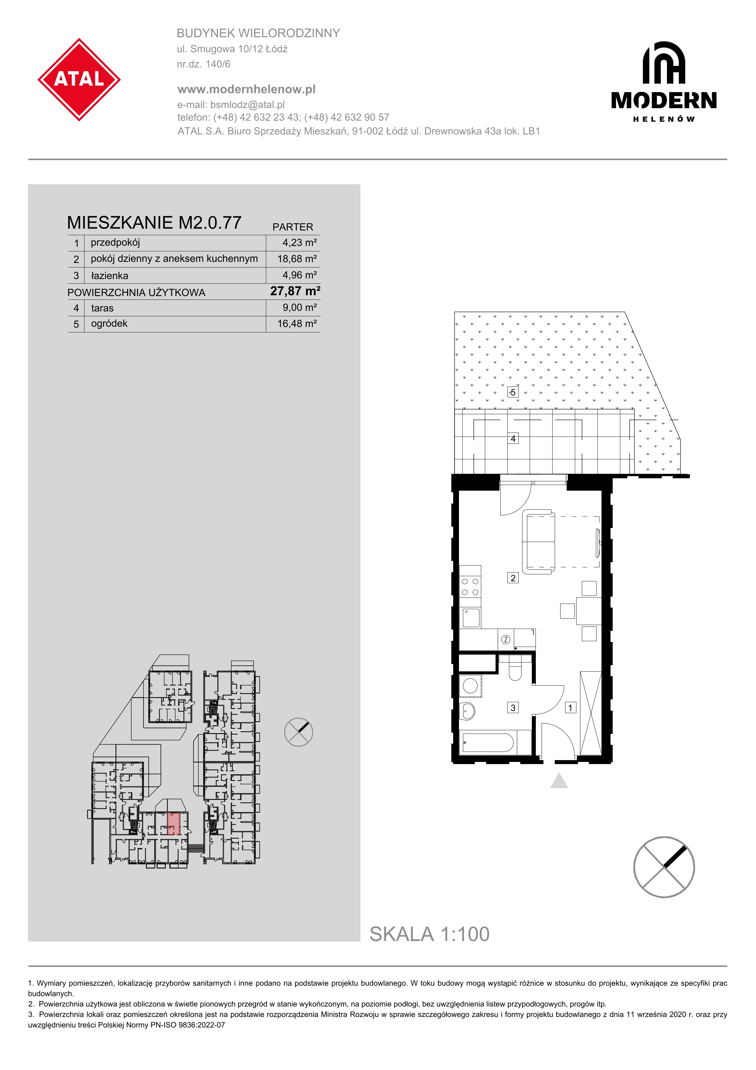 Mieszkanie 27,87 m², parter, oferta nr M2.0.77, Modern Helenów, Łódź, Bałuty, ul. Smugowa 10/12