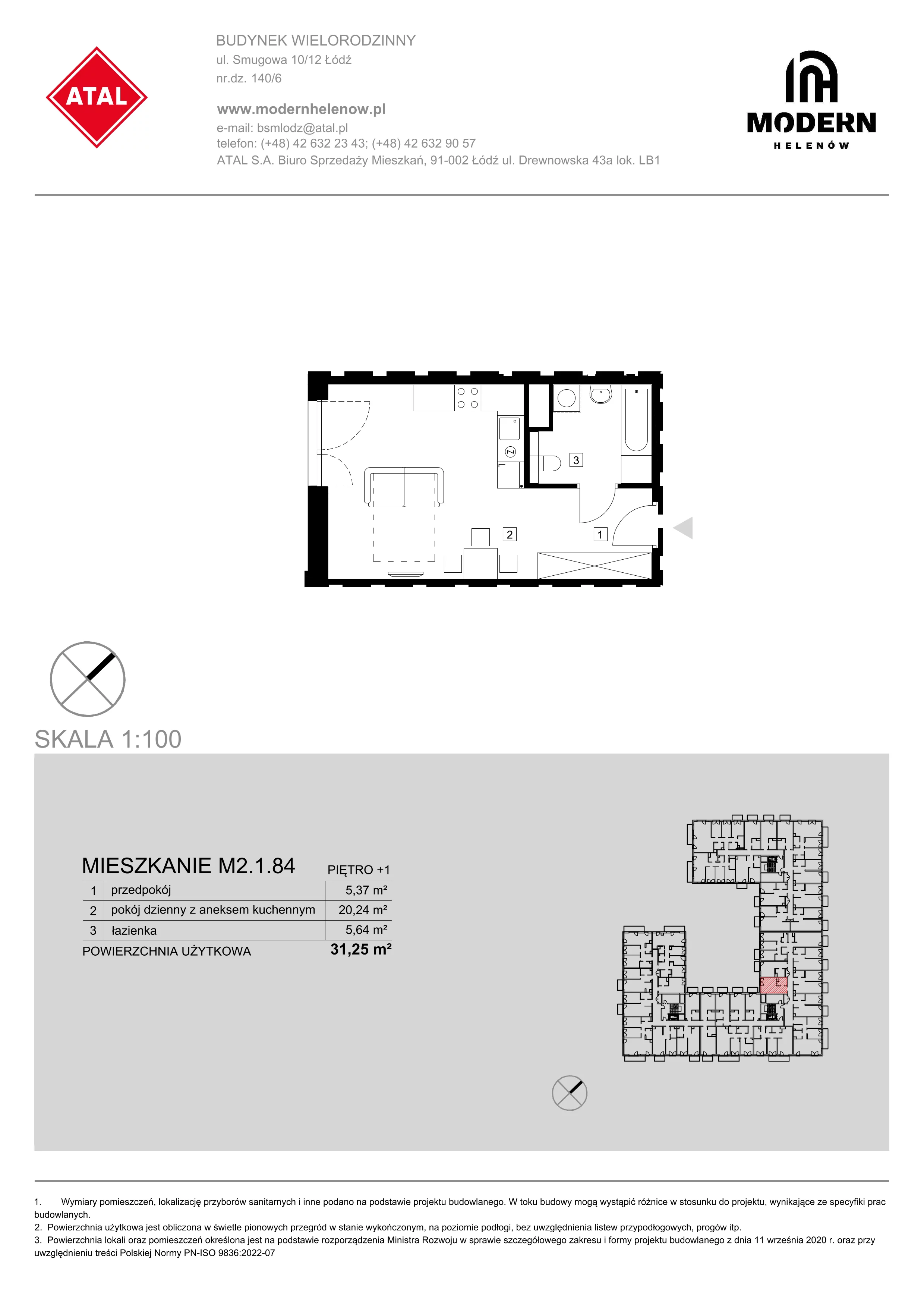 Mieszkanie 31,25 m², piętro 1, oferta nr M2.1.84, Modern Helenów, Łódź, Bałuty, Helenów, ul. Smugowa 10/12