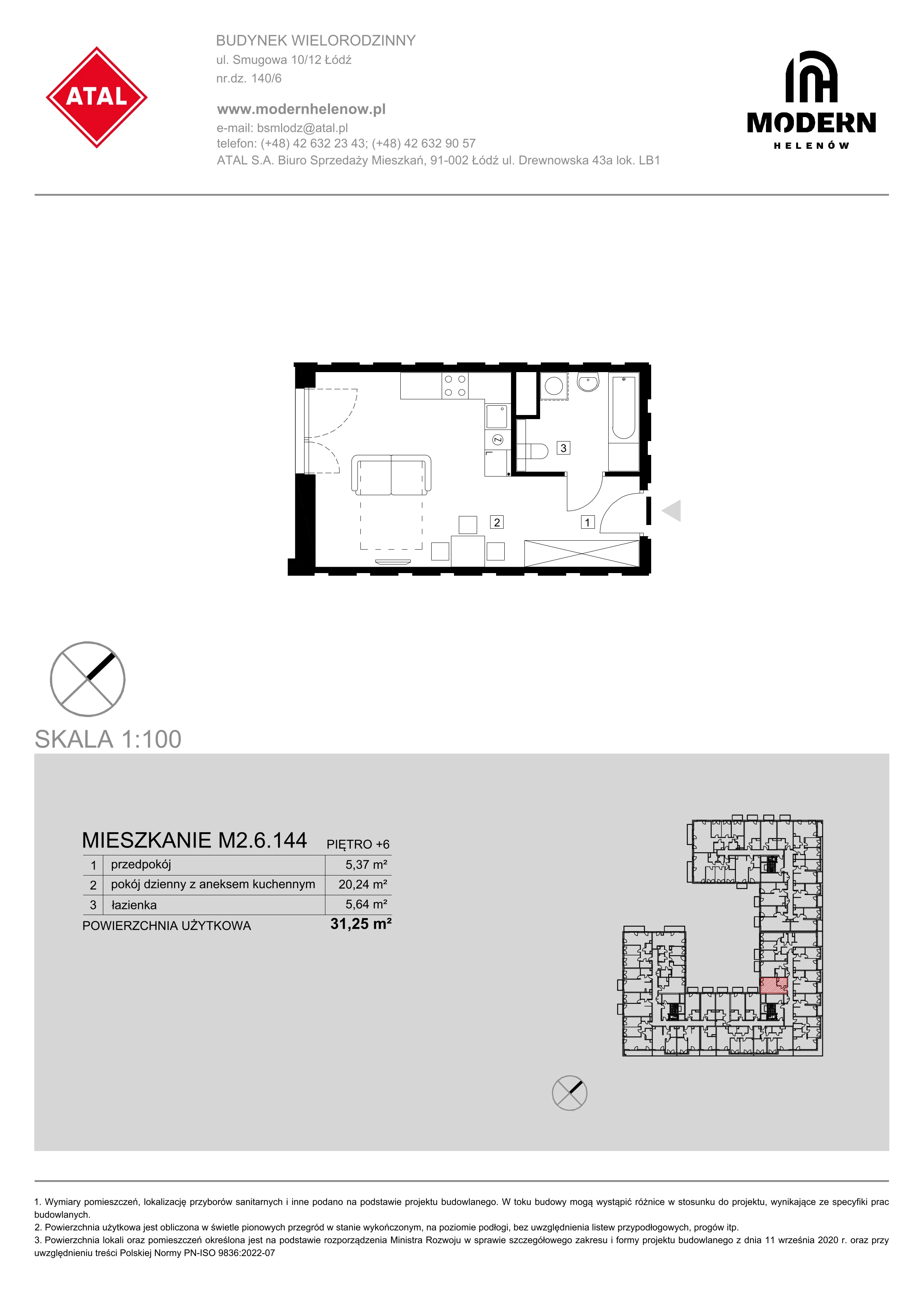 Mieszkanie 31,25 m², piętro 6, oferta nr M2.6.144, Modern Helenów, Łódź, Bałuty, Helenów, ul. Smugowa 10/12