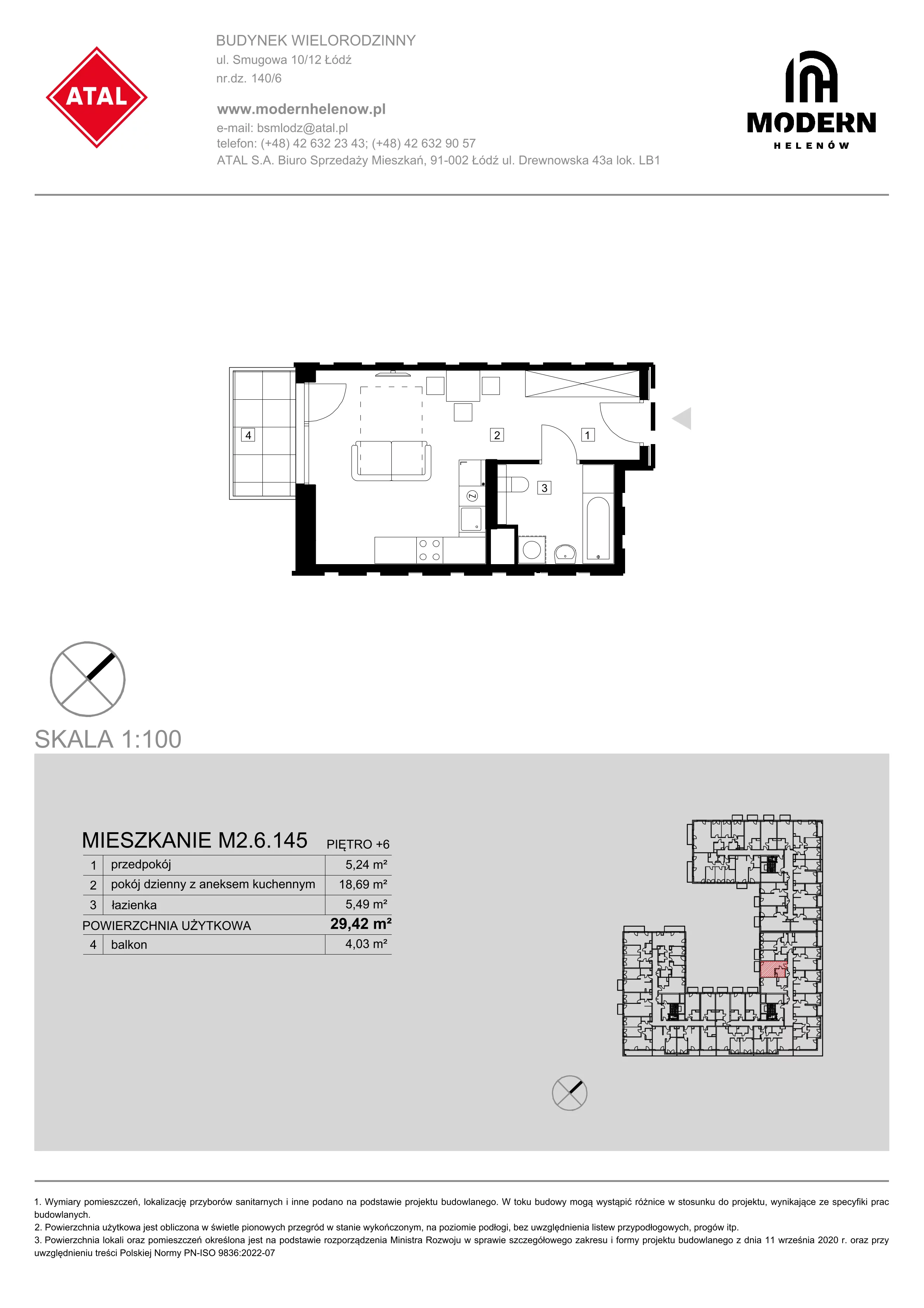 Mieszkanie 29,42 m², piętro 6, oferta nr M2.6.145, Modern Helenów, Łódź, Bałuty, ul. Smugowa 10/12