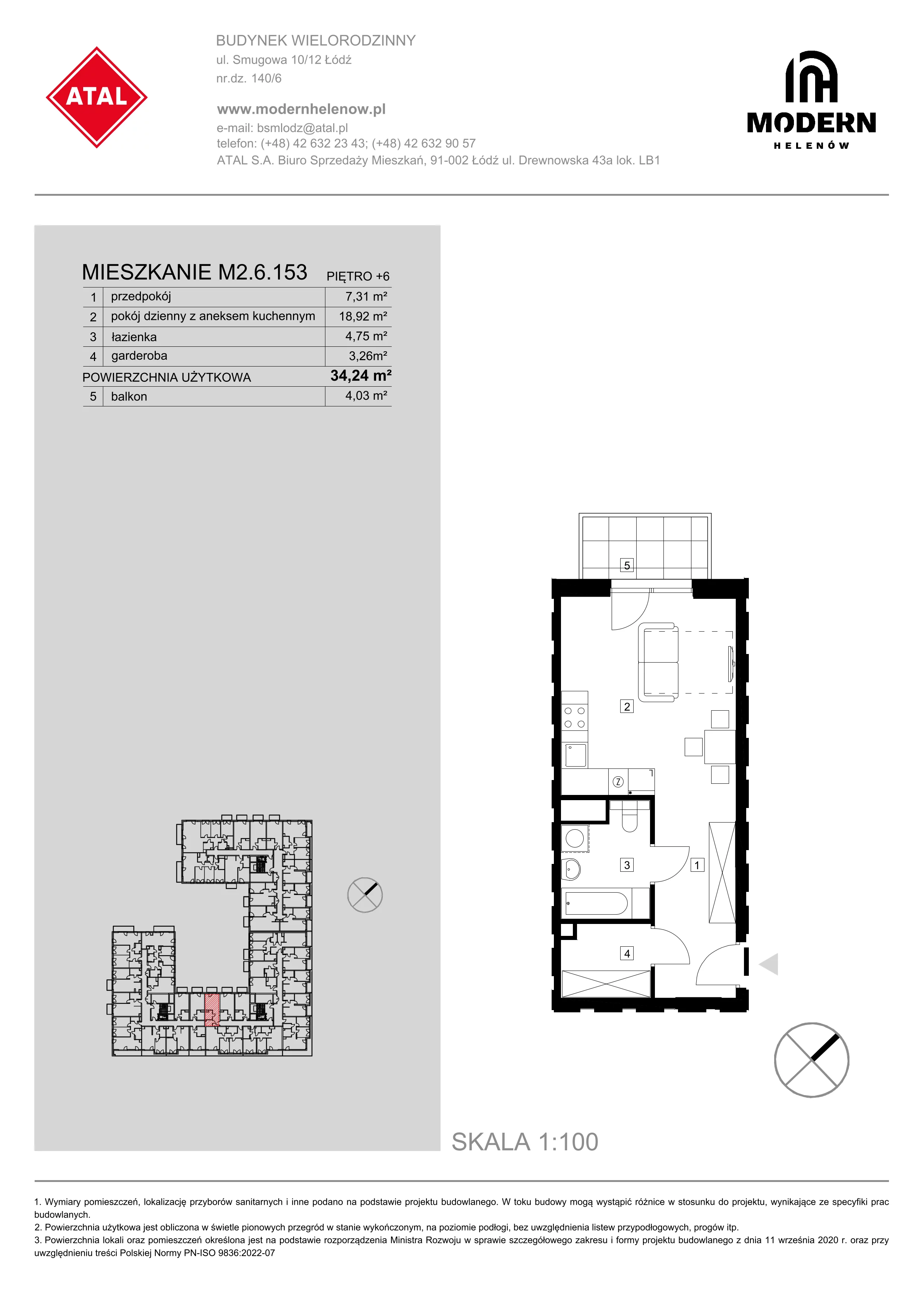 Mieszkanie 34,24 m², piętro 6, oferta nr M2.6.153, Modern Helenów, Łódź, Bałuty, Helenów, ul. Smugowa 10/12