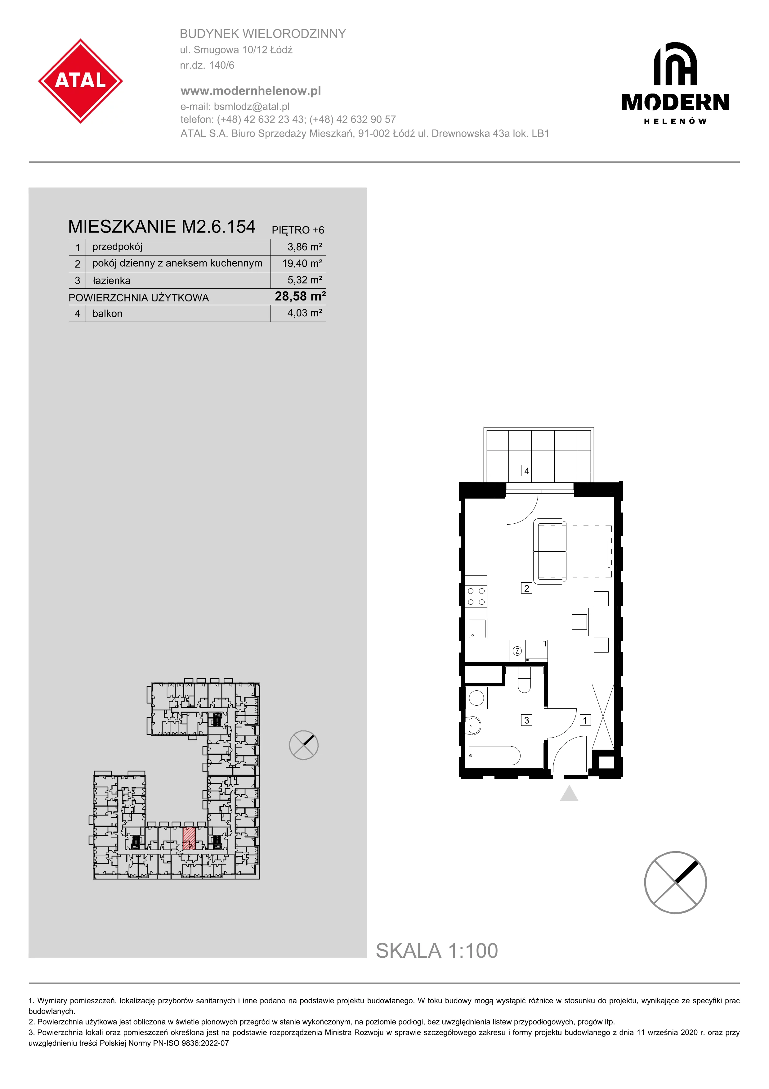 Mieszkanie 28,58 m², piętro 6, oferta nr M2.6.154, Modern Helenów, Łódź, Bałuty, ul. Smugowa 10/12