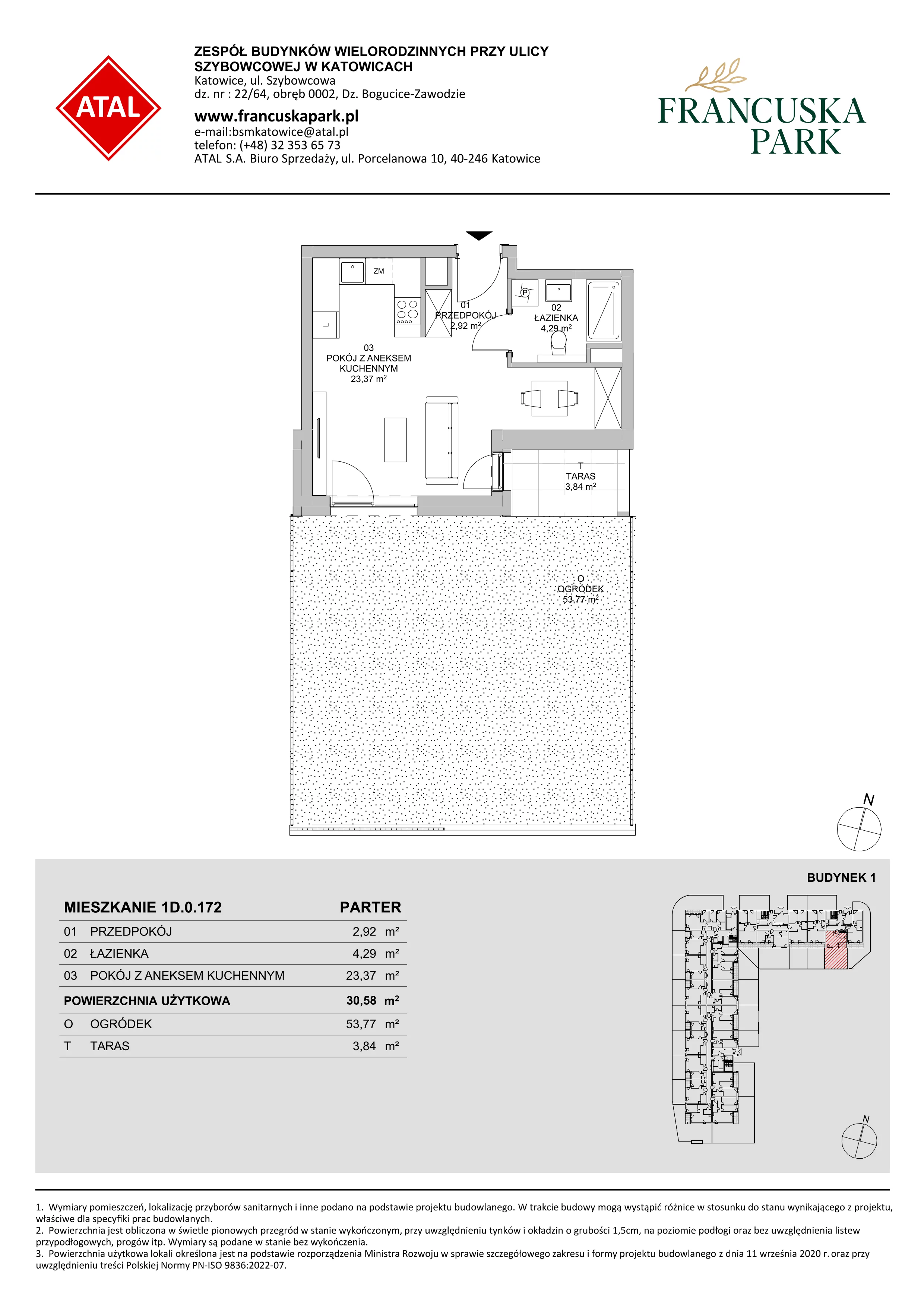 1 pokój, mieszkanie 30,58 m², parter, oferta nr 1D.0.172, Francuska Park VIIIB, Katowice, Osiedle Paderewskiego-Muchowiec, Muchowiec, ul. Szybowcowa