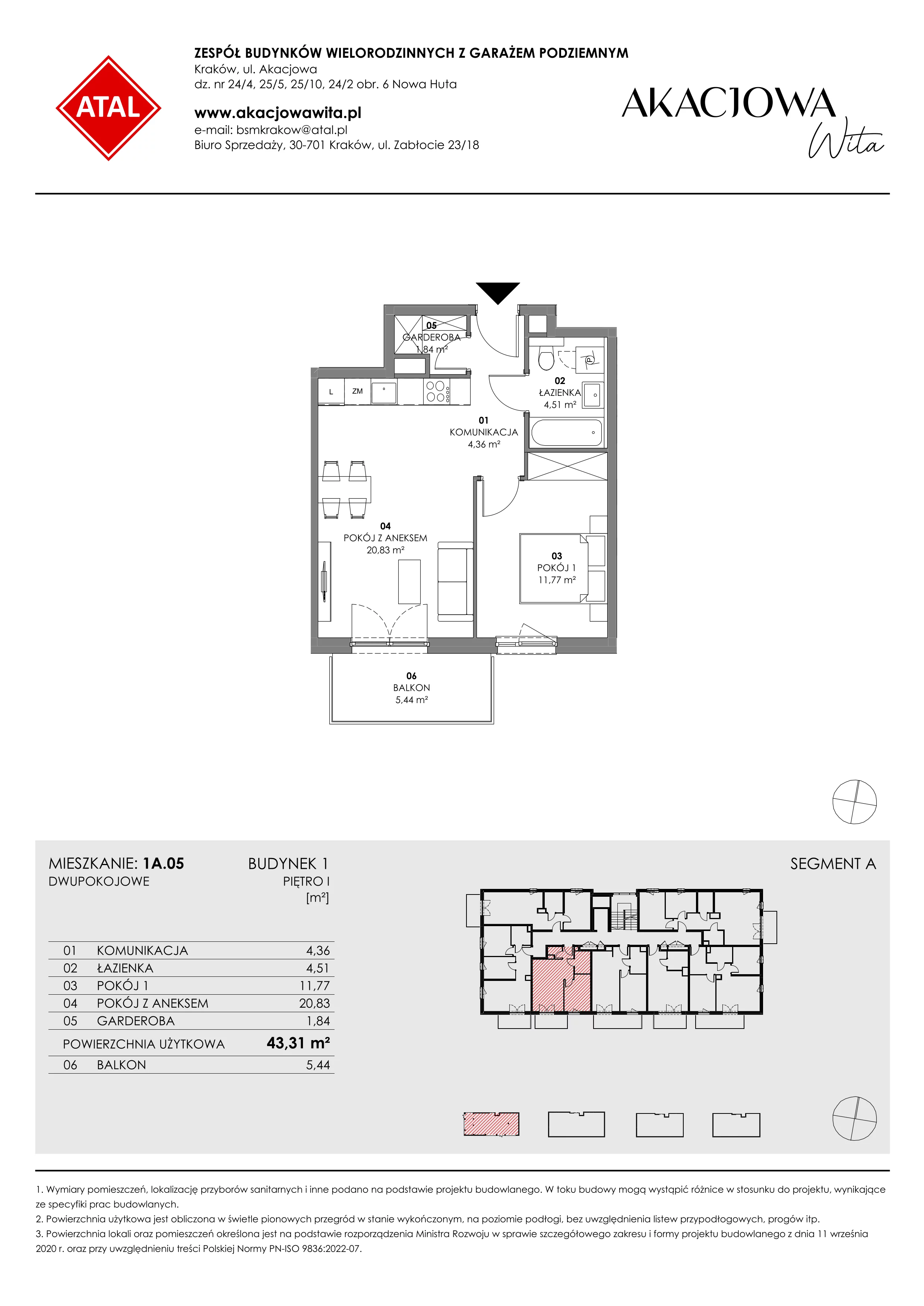 Mieszkanie 43,31 m², piętro 1, oferta nr 1A.05, Akacjowa Wita, Kraków, Prądnik Czerwony, Rakowice, ul. Akacjowa