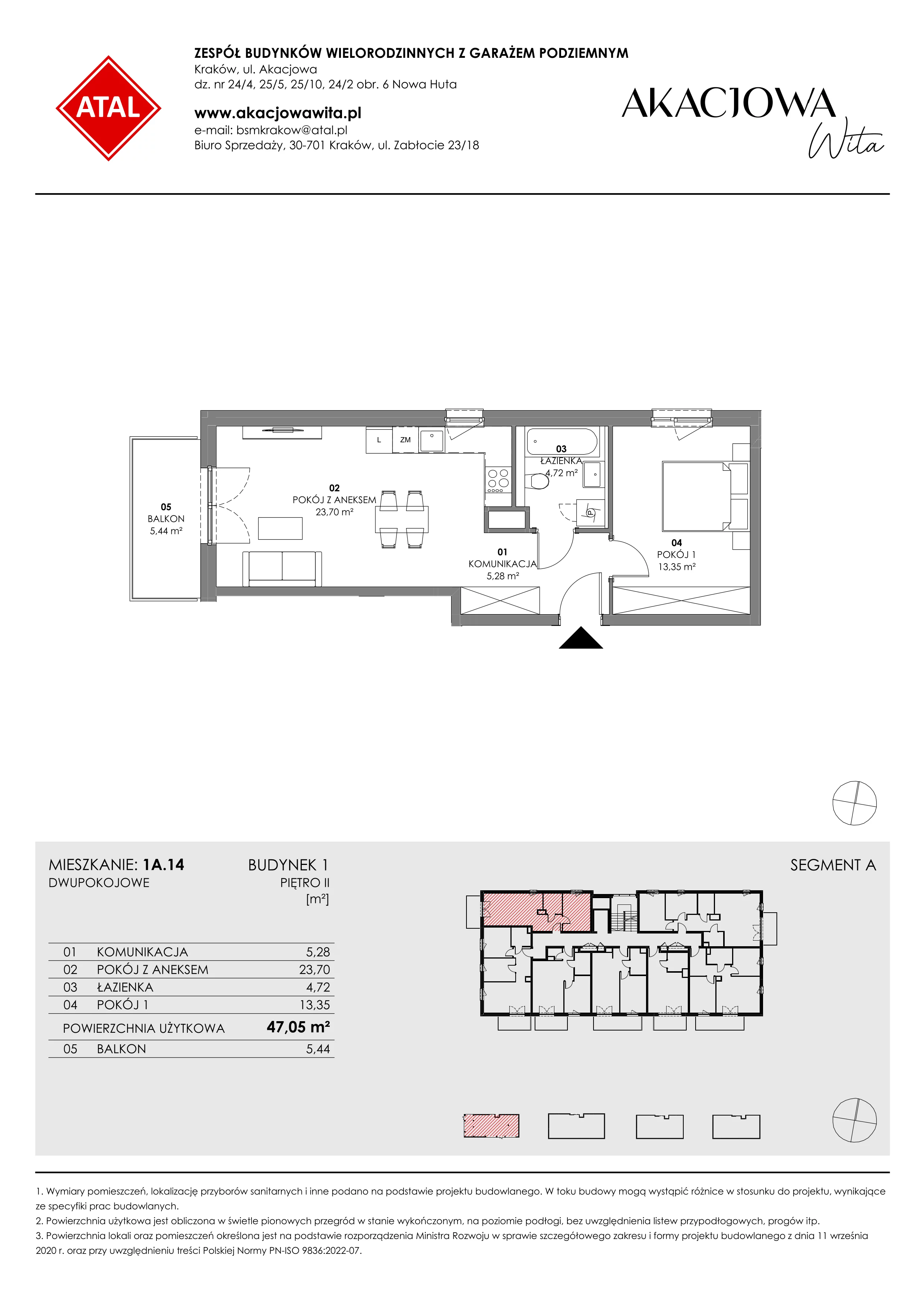 Mieszkanie 47,05 m², piętro 2, oferta nr 1A.14, Akacjowa Wita, Kraków, Prądnik Czerwony, Rakowice, ul. Akacjowa