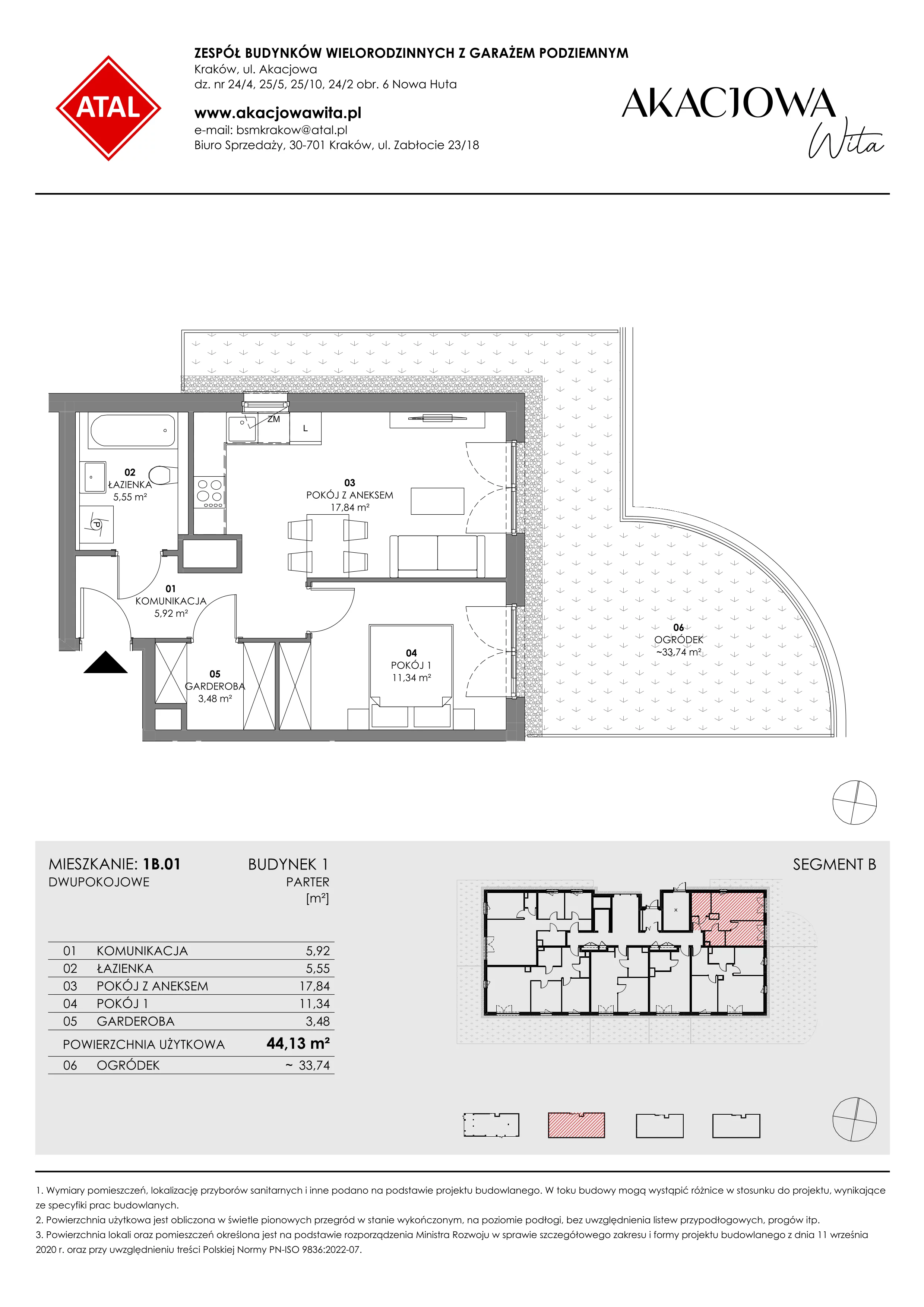 Mieszkanie 44,13 m², parter, oferta nr 1B.01, Akacjowa Wita, Kraków, Prądnik Czerwony, Rakowice, ul. Akacjowa