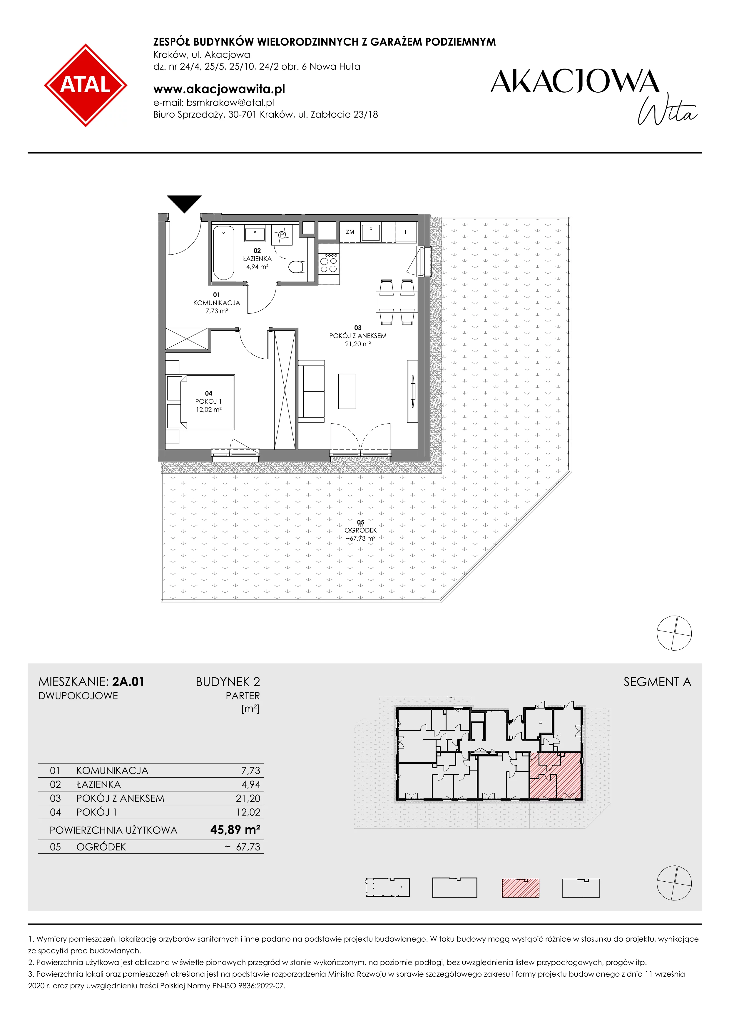 Mieszkanie 45,89 m², parter, oferta nr 2A.01, Akacjowa Wita, Kraków, Prądnik Czerwony, Rakowice, ul. Akacjowa