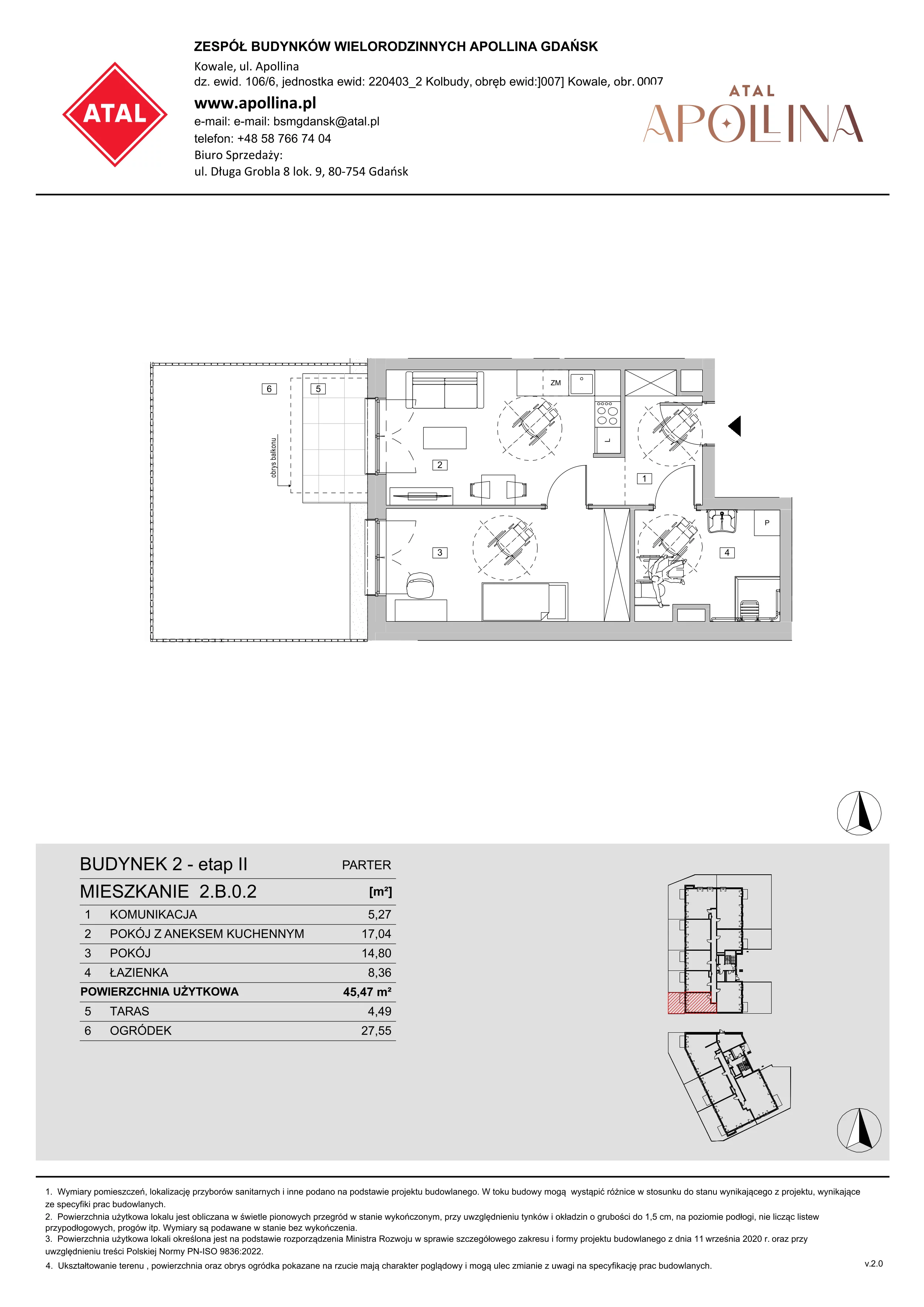 Mieszkanie 45,47 m², parter, oferta nr 2.B.0.2, ATAL Apollina II, Kowale, ul. Apollina