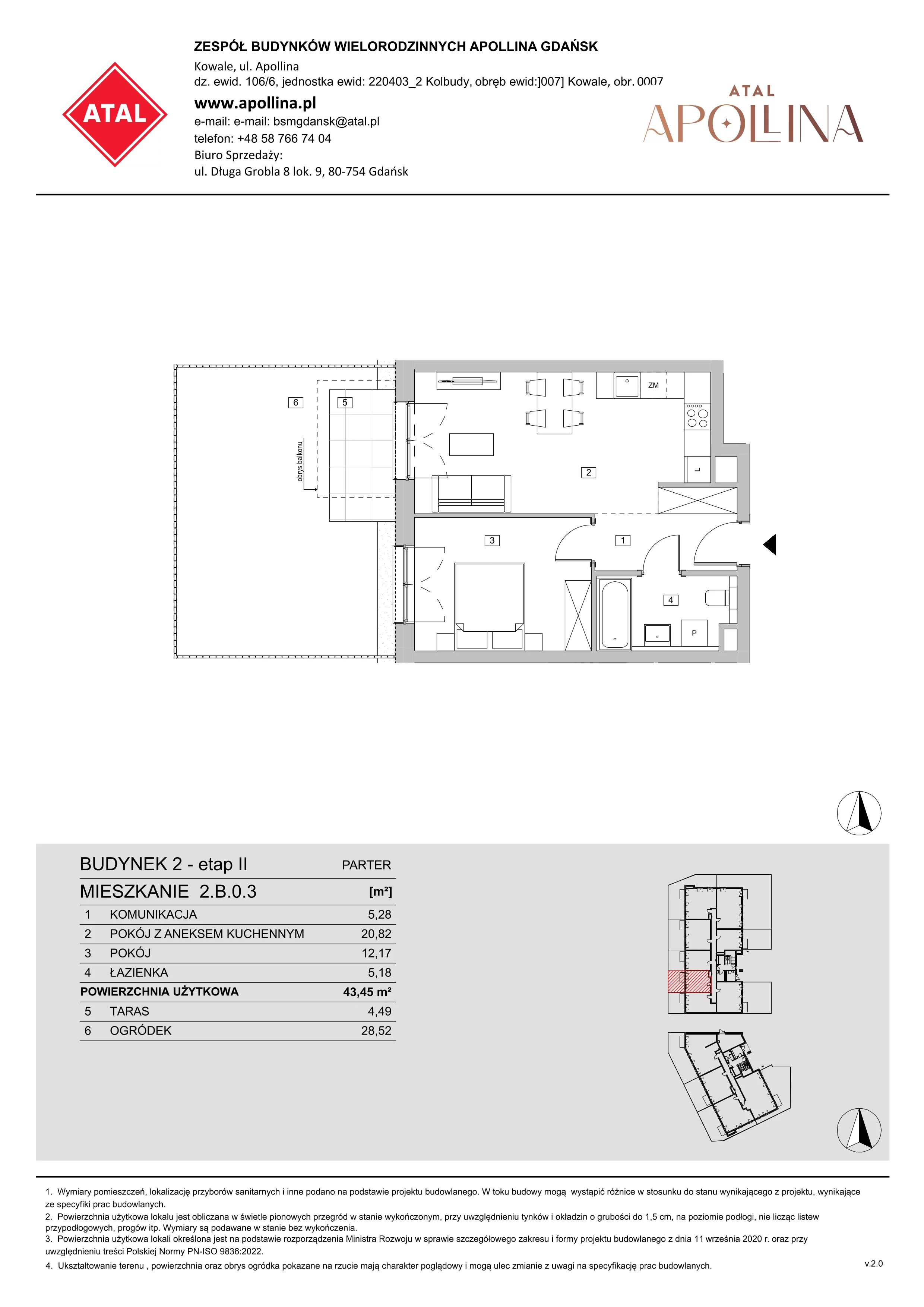 Mieszkanie 43,45 m², parter, oferta nr 2.B.0.3, ATAL Apollina II, Kowale, ul. Apollina