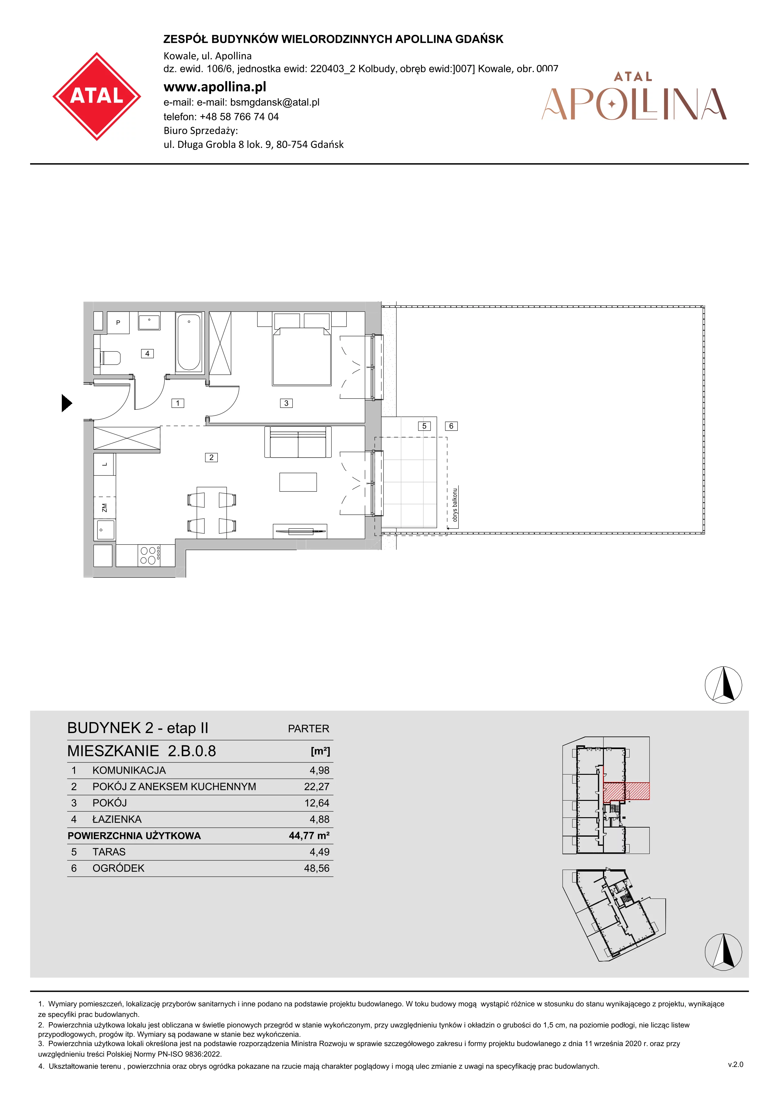 Mieszkanie 44,77 m², parter, oferta nr 2.B.0.8, ATAL Apollina II, Kowale, ul. Apollina