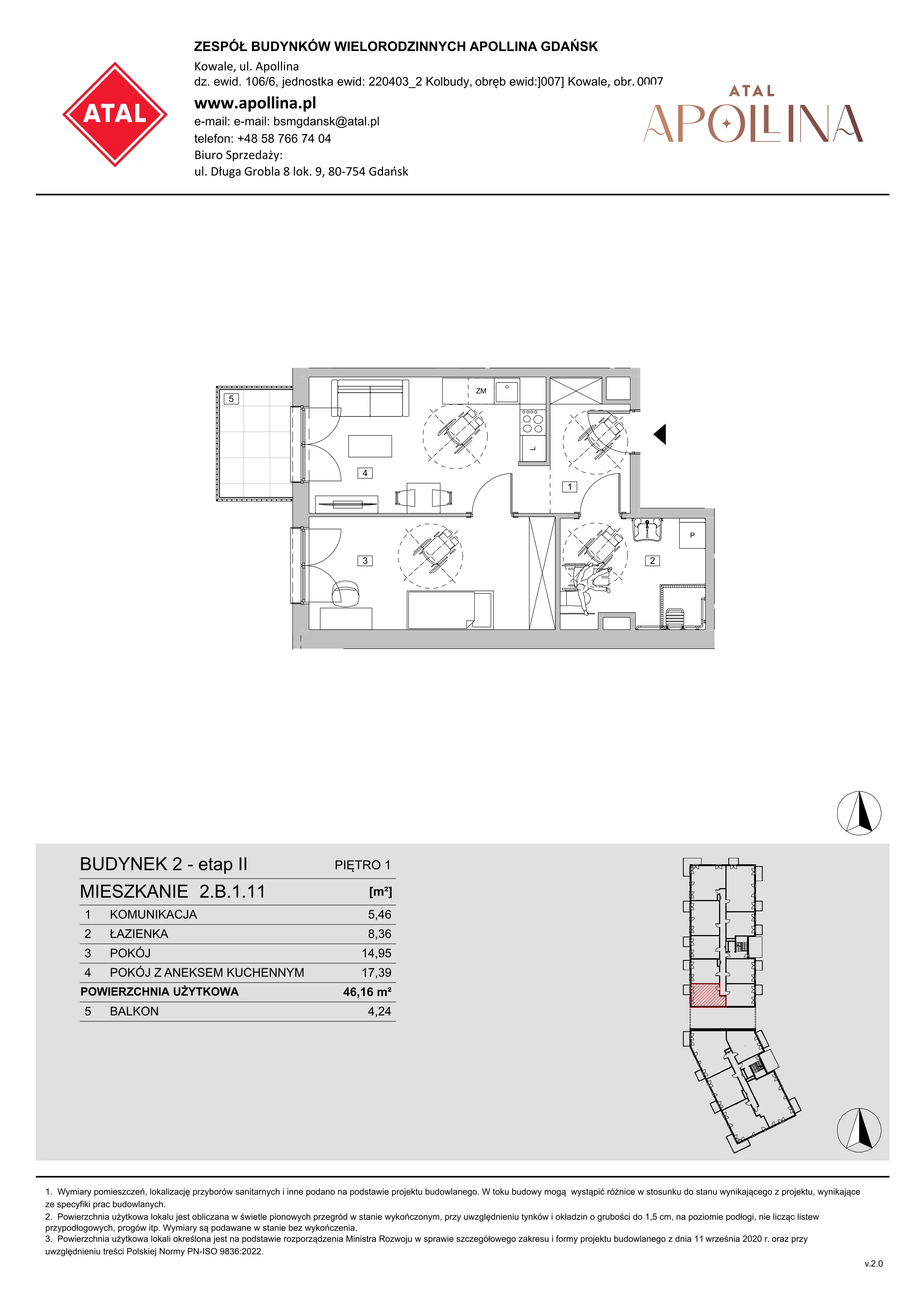 Mieszkanie 46,16 m², piętro 1, oferta nr 2.B.1.11, ATAL Apollina II, Kowale, ul. Apollina