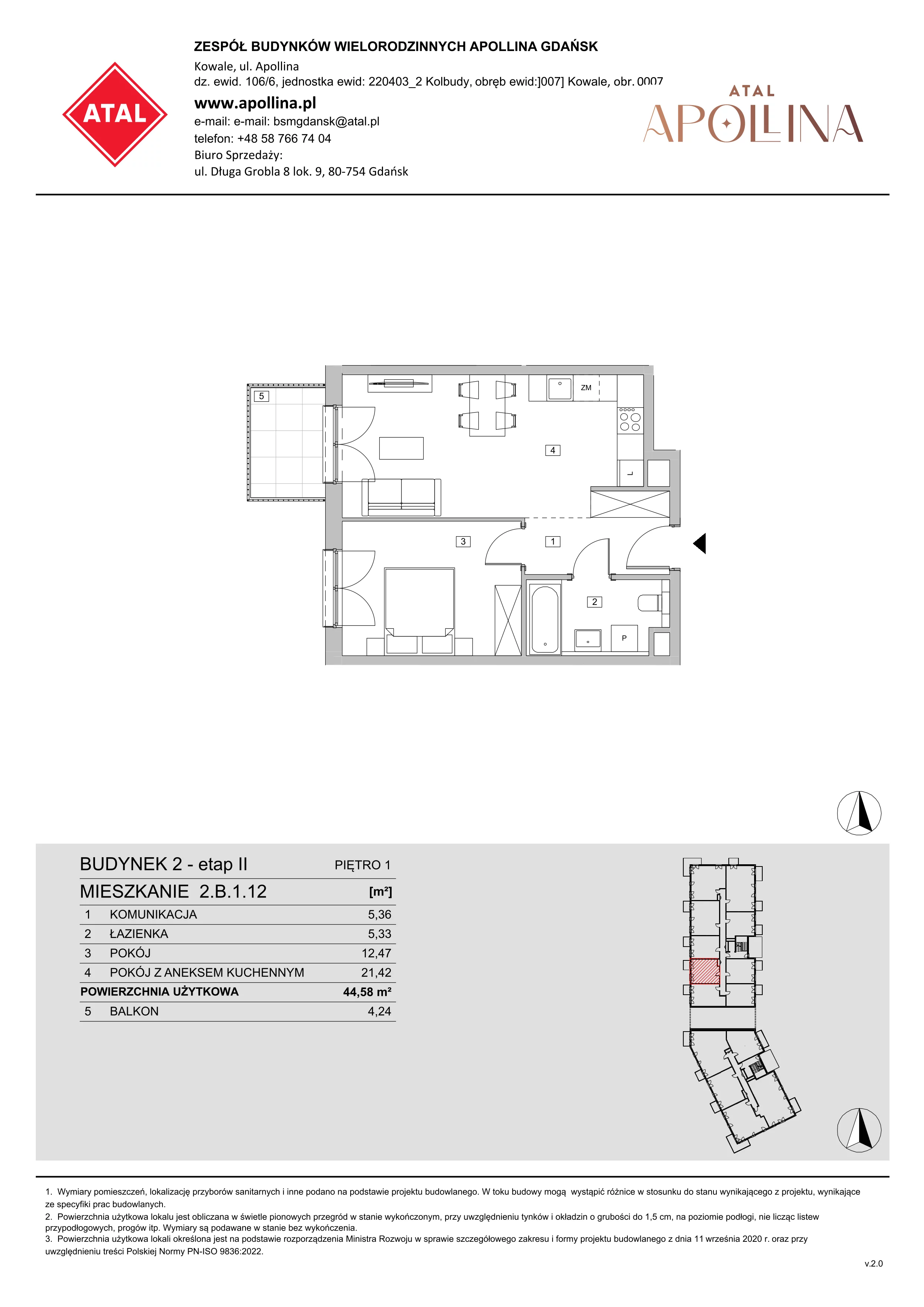 Mieszkanie 44,58 m², piętro 1, oferta nr 2.B.1.12, ATAL Apollina II, Kowale, ul. Apollina