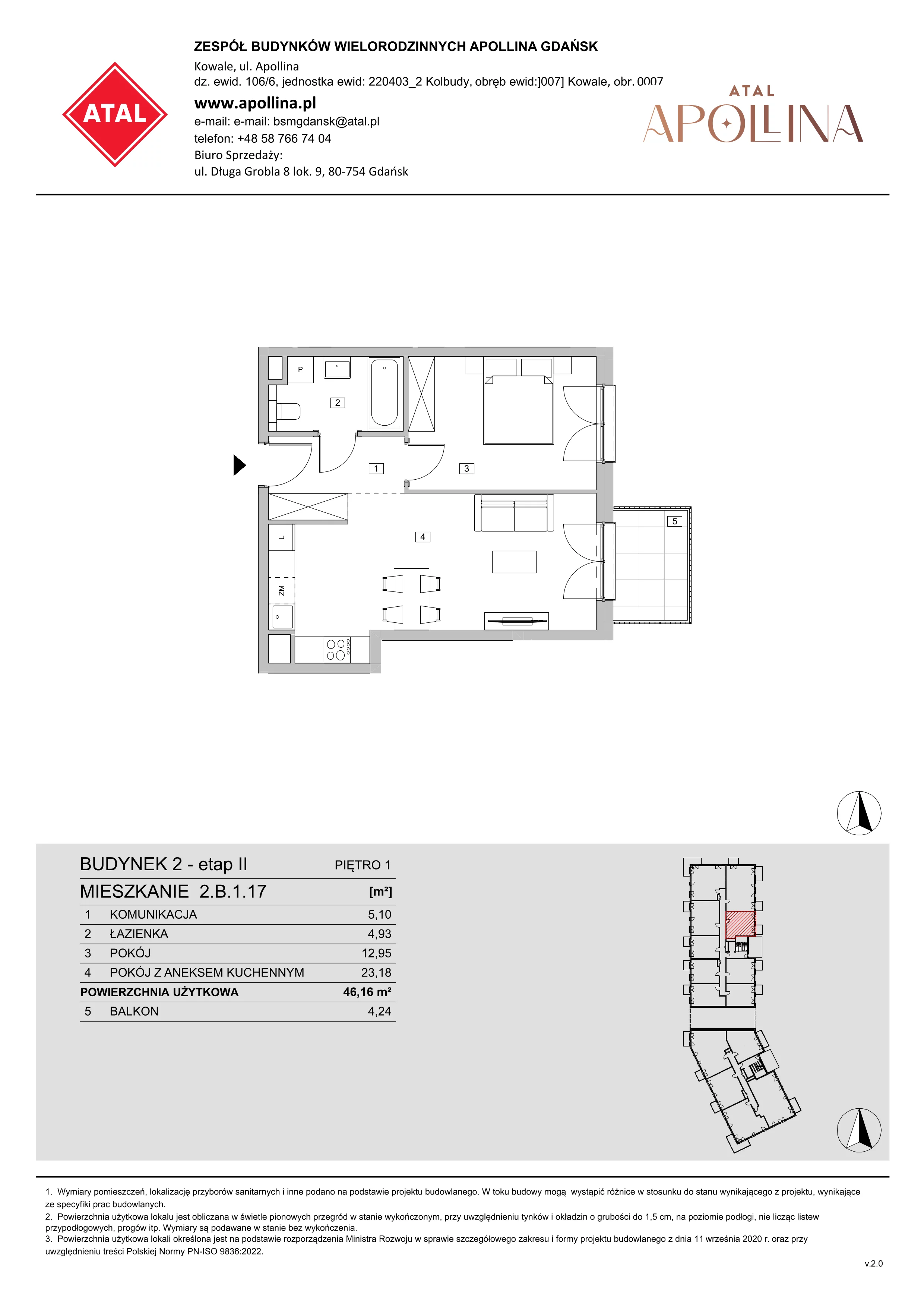 Mieszkanie 46,16 m², piętro 1, oferta nr 2.B.1.17, ATAL Apollina II, Kowale, ul. Apollina