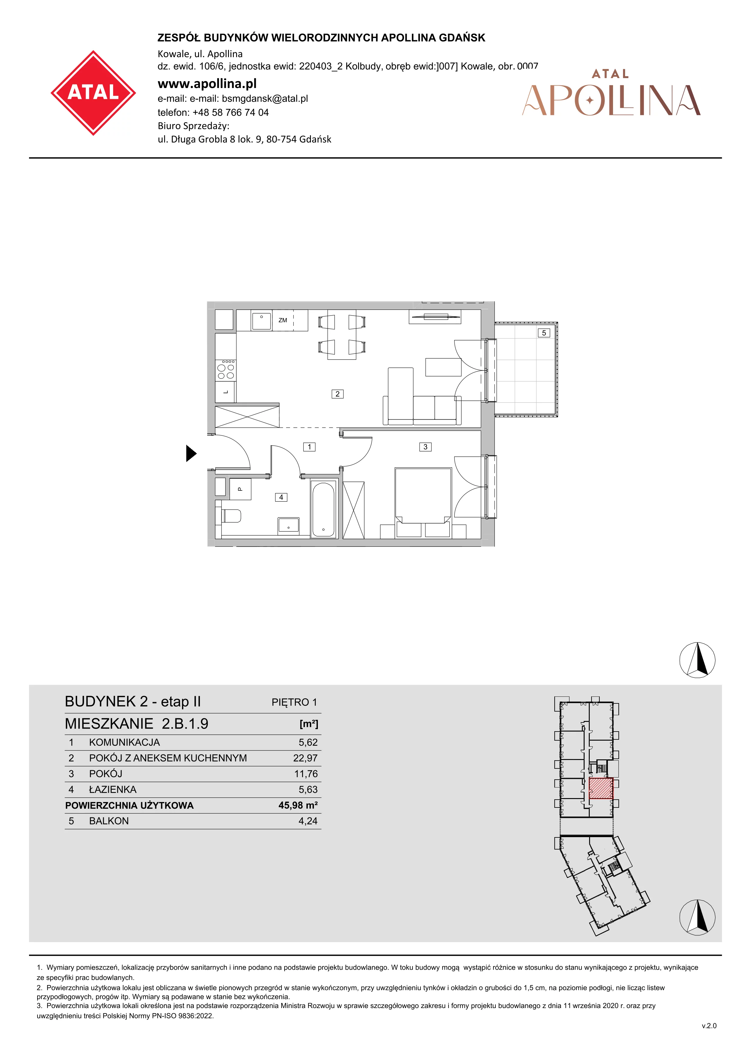 Mieszkanie 45,98 m², piętro 1, oferta nr 2.B.1.9, ATAL Apollina II, Kowale, ul. Apollina