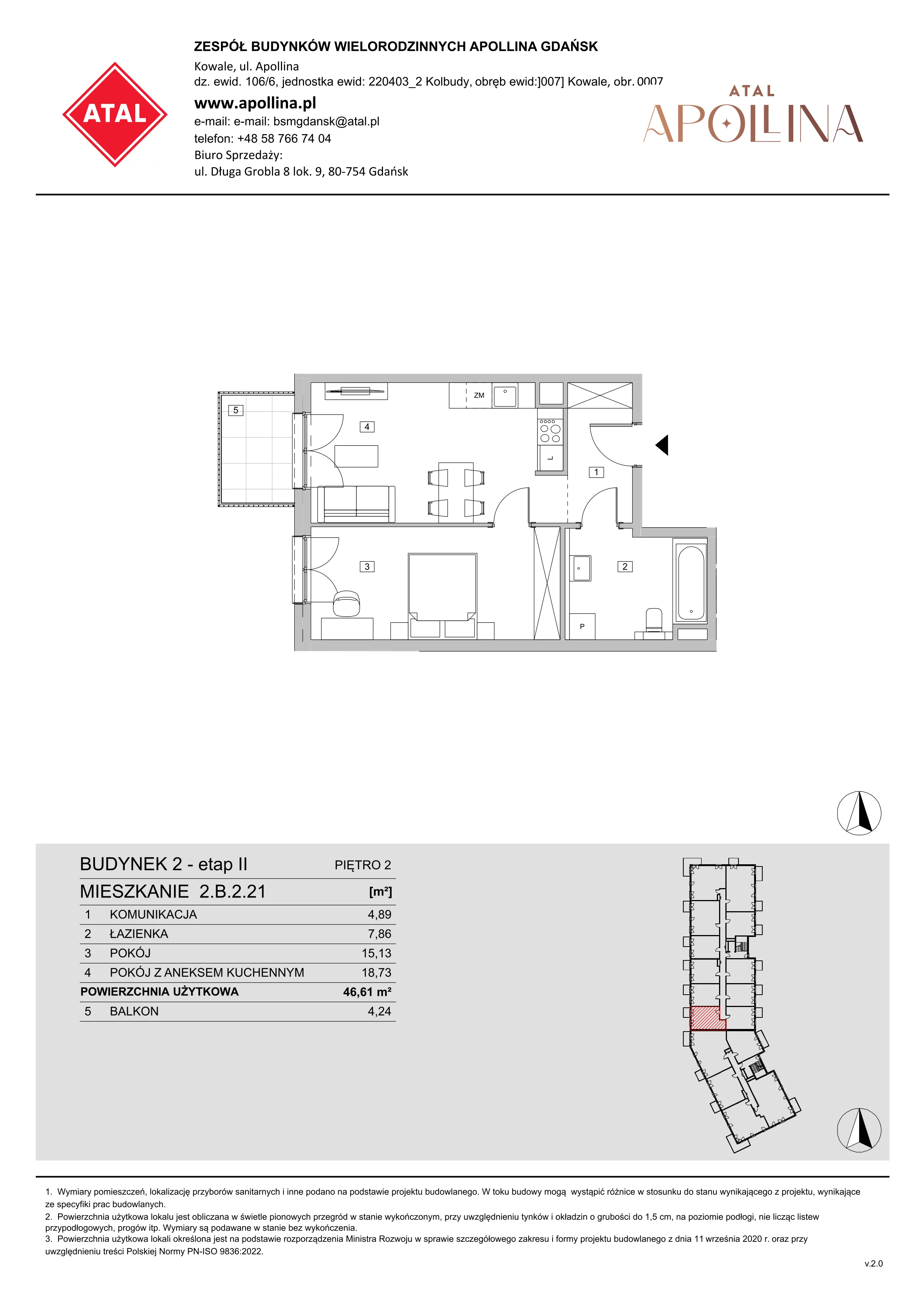 Mieszkanie 46,61 m², piętro 2, oferta nr 2.B.2.21, ATAL Apollina II, Kowale, ul. Apollina