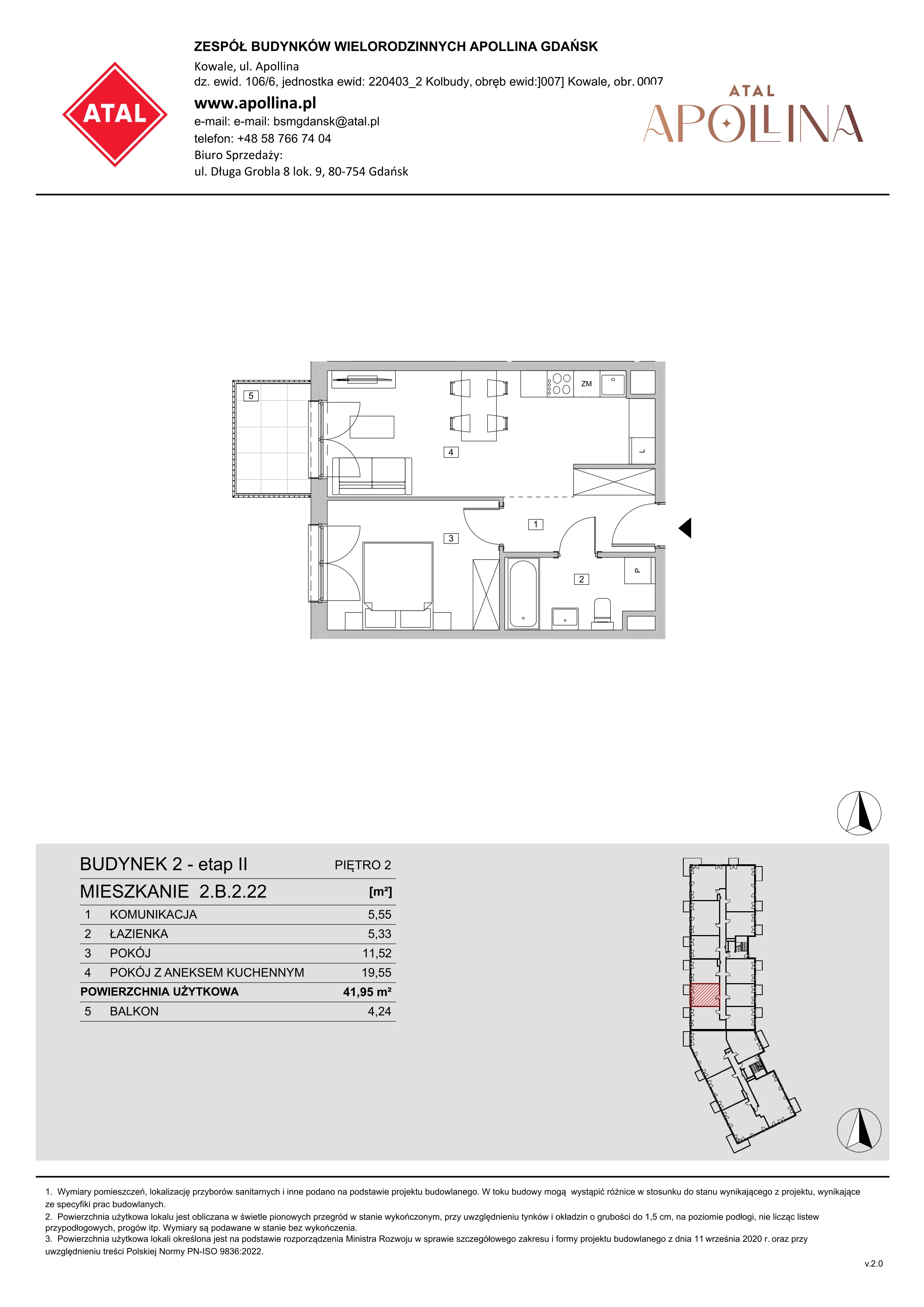 Mieszkanie 41,95 m², piętro 2, oferta nr 2.B.2.22, ATAL Apollina II, Kowale, ul. Apollina