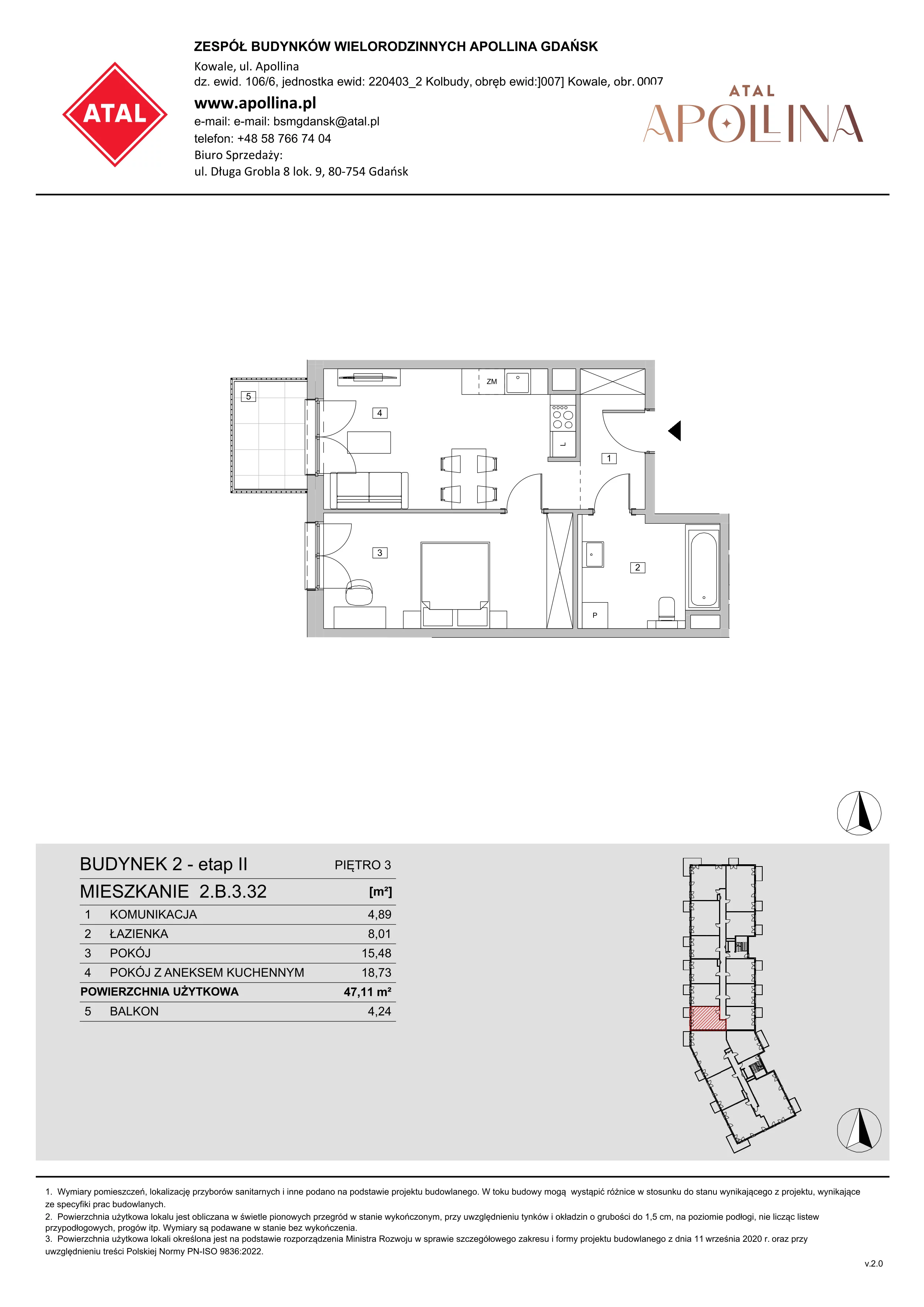 Mieszkanie 47,11 m², piętro 3, oferta nr 2.B.3.32, ATAL Apollina II, Kowale, ul. Apollina