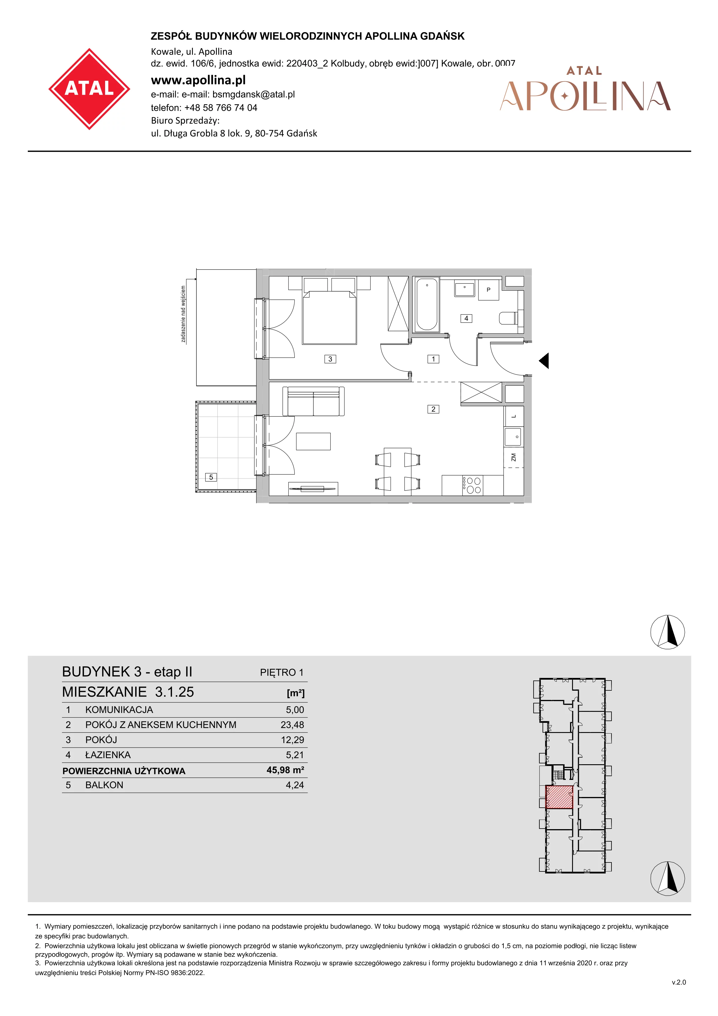 Mieszkanie 45,98 m², piętro 1, oferta nr 3.1.25, ATAL Apollina II, Kowale, ul. Apollina