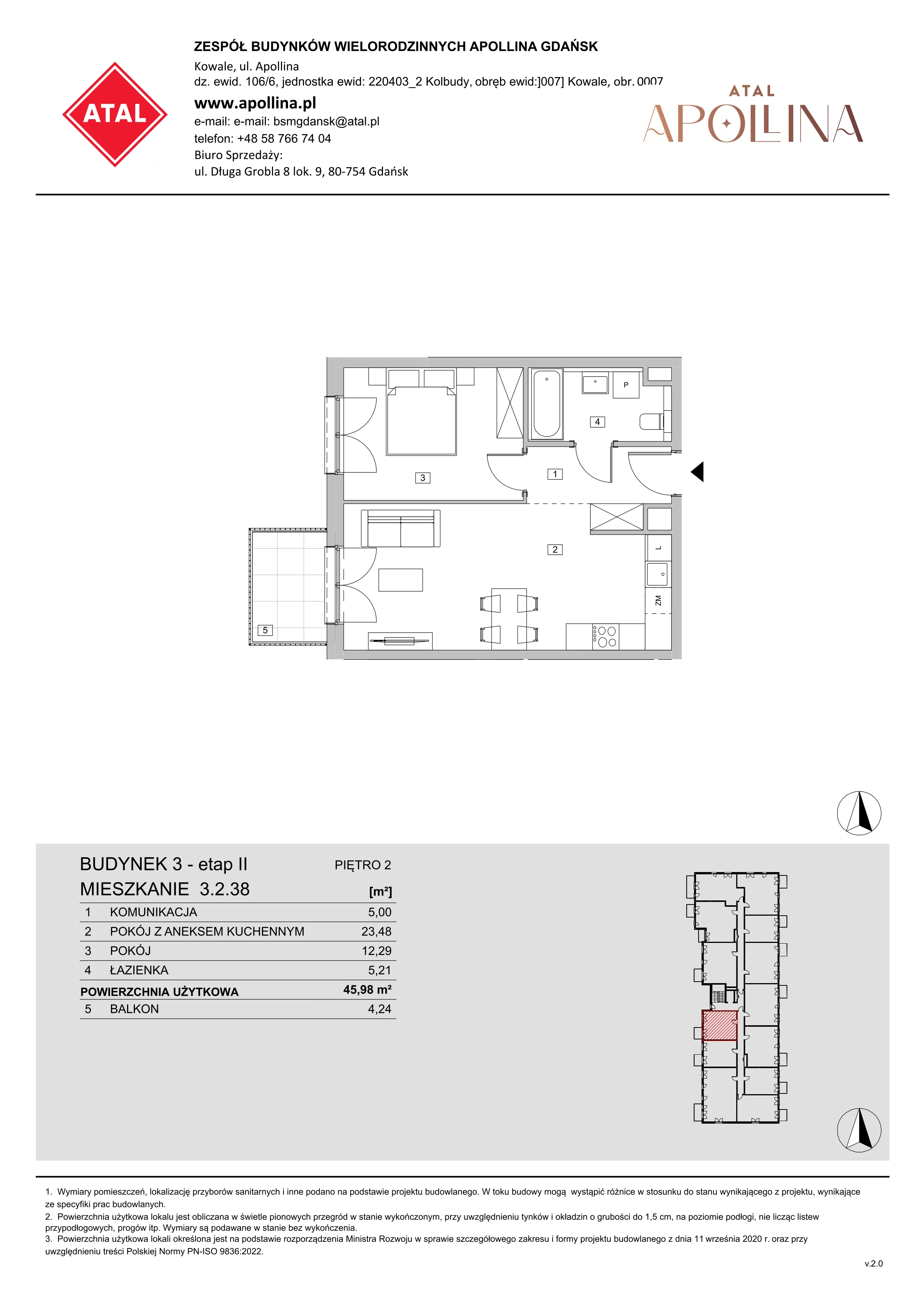 Mieszkanie 45,98 m², piętro 2, oferta nr 3.2.38, ATAL Apollina II, Kowale, ul. Apollina