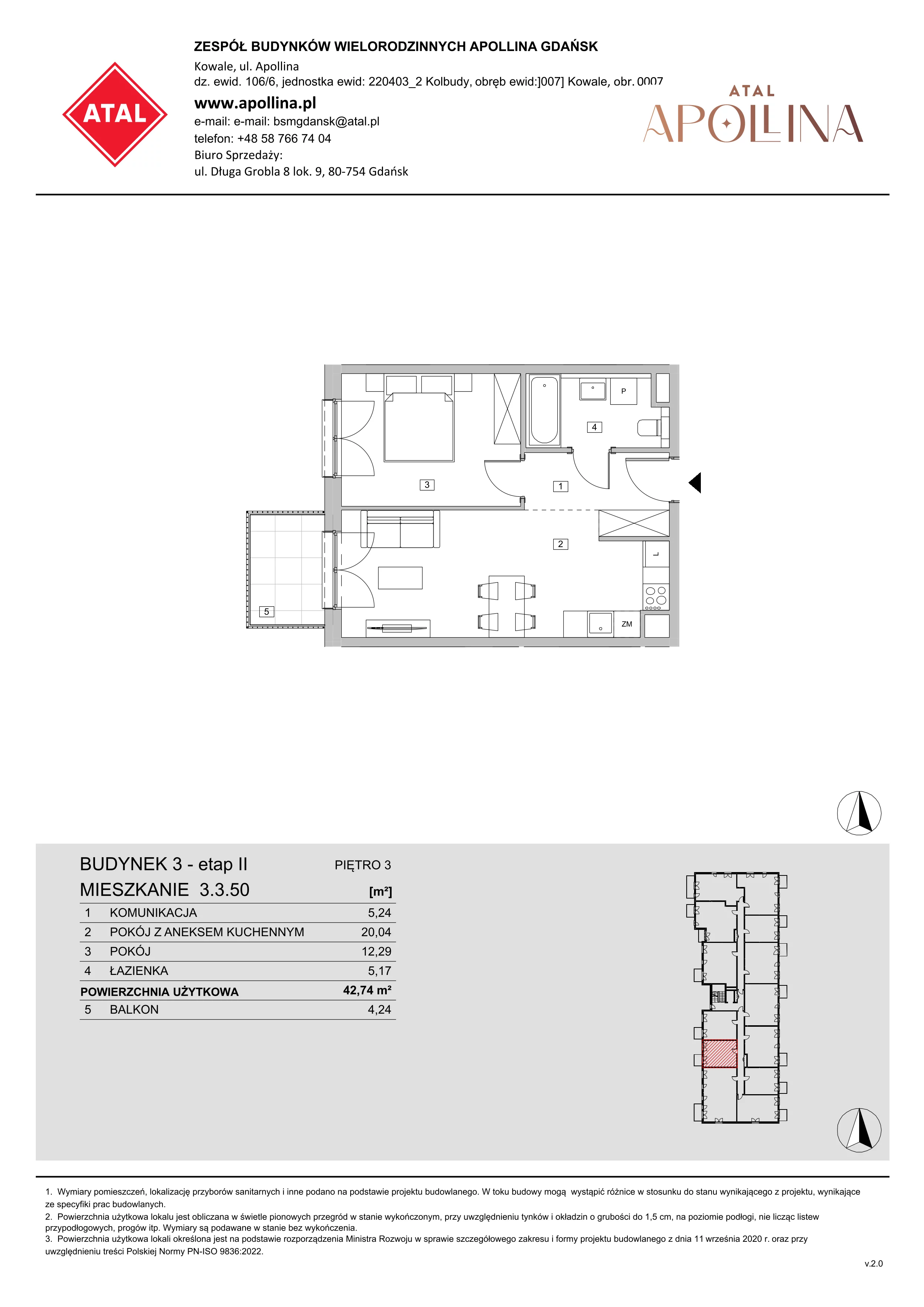 Mieszkanie 42,74 m², piętro 3, oferta nr 3.3.50, ATAL Apollina II, Kowale, ul. Apollina